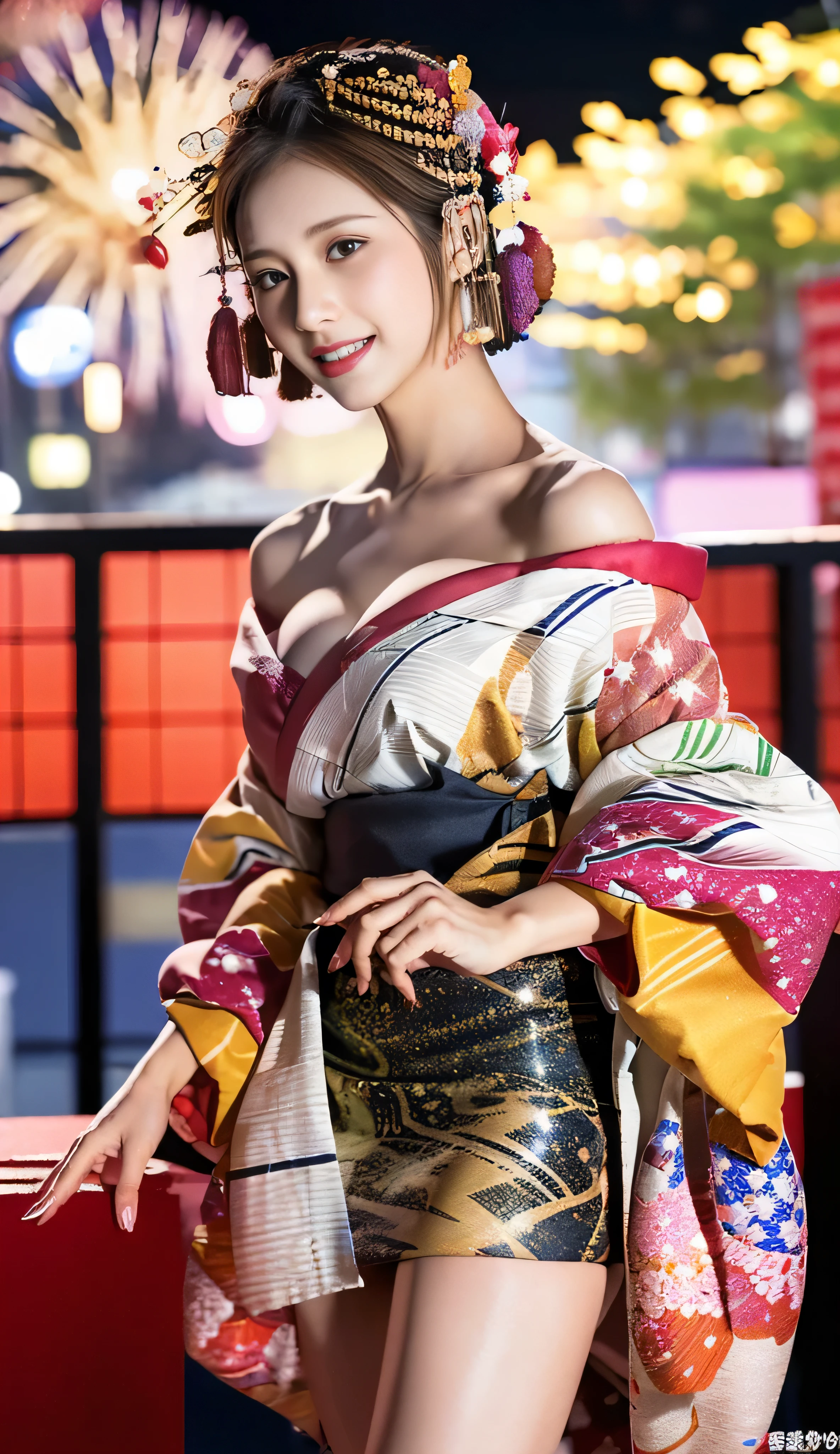 (8K、RAW Photosgraphy、Highest quality、masterpiece:1.2)、(Realistic、Realistic:1.37)、Ultra-high resolution、One Girl、cute、alone、night、Sitting、date、(Nose redness)、(Laughter:1.1)、(Closed)、Huge 、Beautiful Eyes、(short hair:1.2)、(((Fireworks bursting into the sky、night)))、(((kimono、yukata)))、Cleavage、Perfect body、Perfect Fingers、Professional Lighting、Japanese Goddess、gravure、Detailed face and skin texture、fine grain、RAW Photos