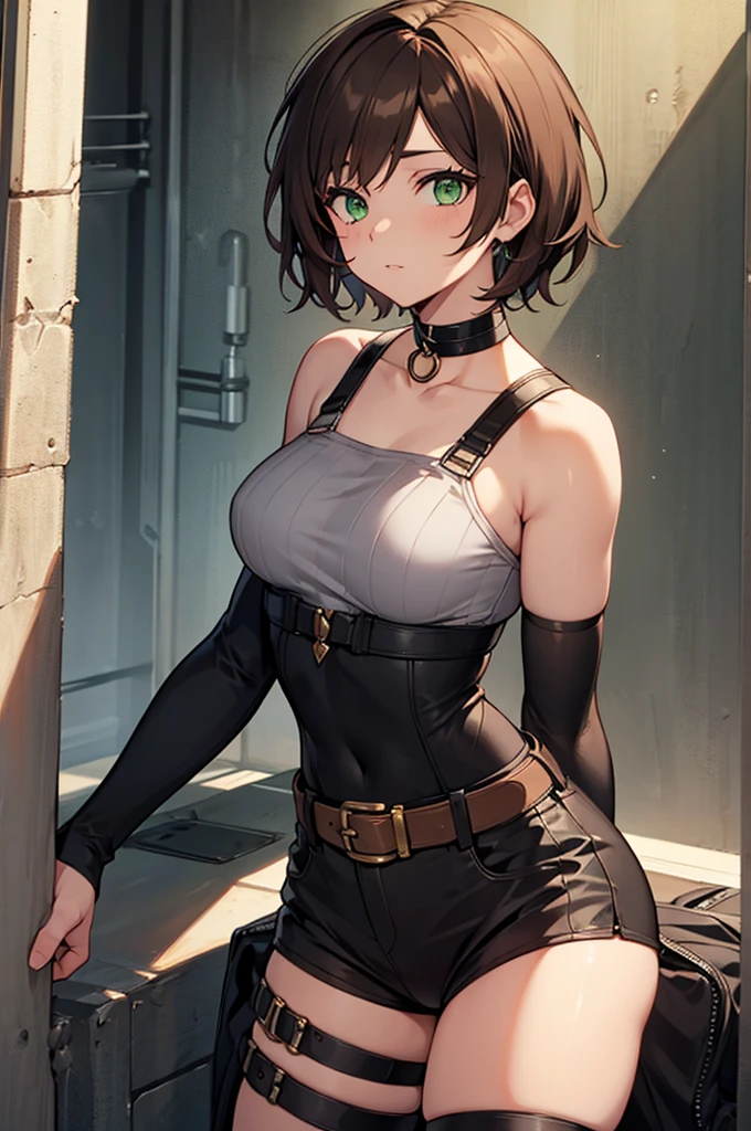 Anime style image of a girl with short black hair, she has an eyepatch over her left eye, she is muscular and her right arm is full of bandages.