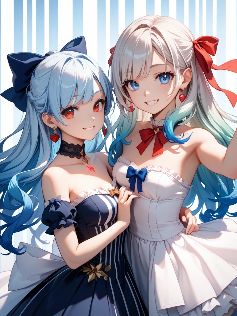 ((Best quality at best)), ((tmasterpiece)), (fluffy short bunny ears, White hair, dark strong blue eye, Anime manga girl, White-colored skin, with a round face, Round Chin, Round eyes, White dress, white knee-socks, Full body lesbian, sliver long hair, Light blue bow on neckline, pink blush, Anime cute art style,Bright background ), It's a perfect face