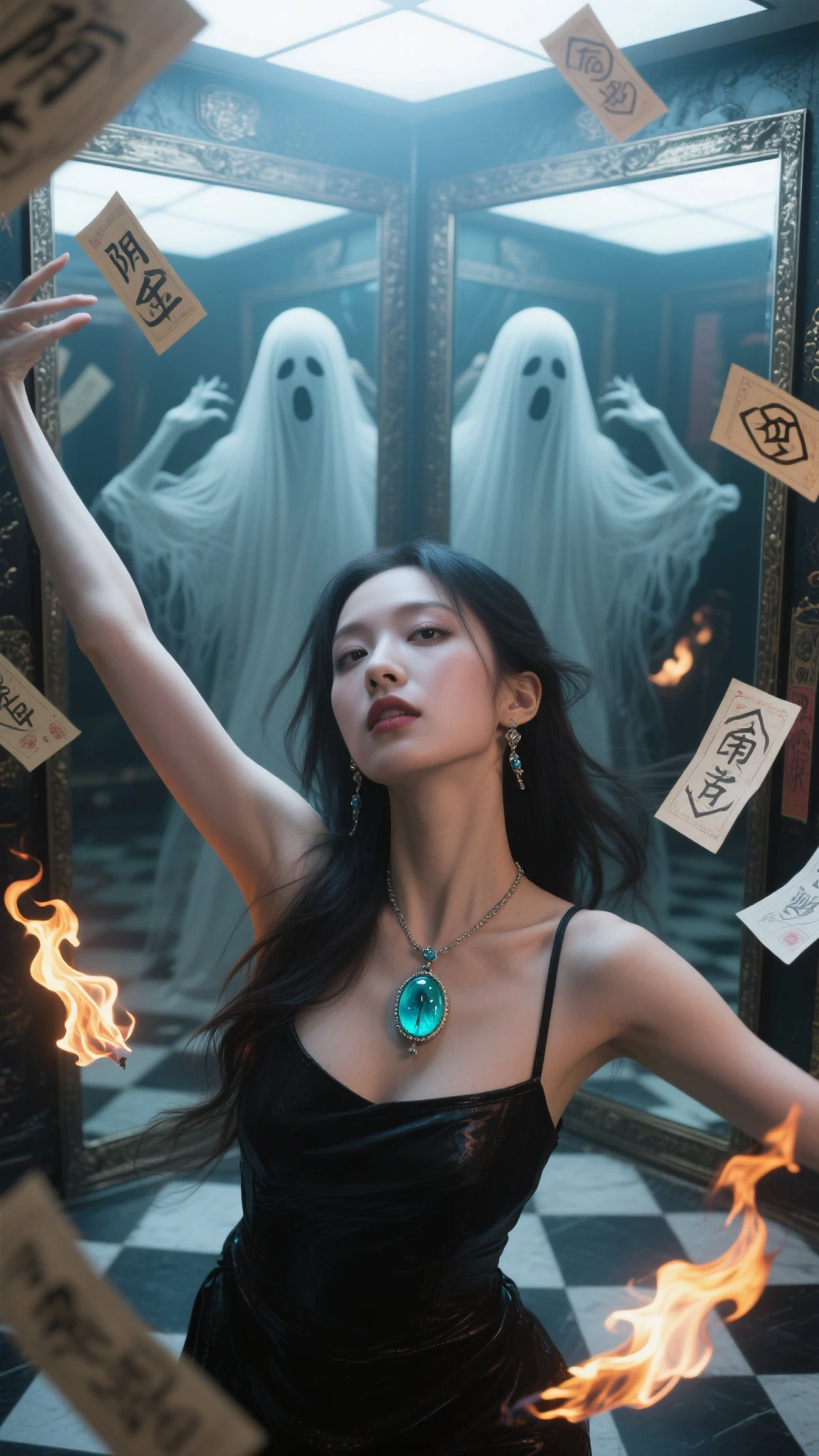 Lucy Liu, age 25, (bright red sexy asian witch lingerie (stomach exposed, breast drapes) wielding spells (strips of paper with kanji), approaching a spooky ghost with many tentacles