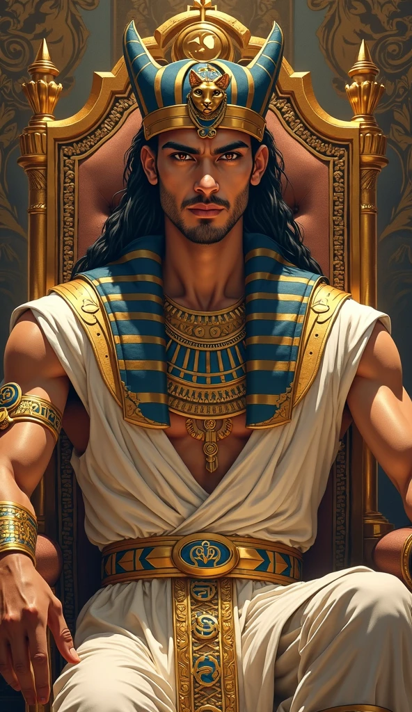 Young Pharaoh with white tea (handsome) seated on his throne, with his torso bare