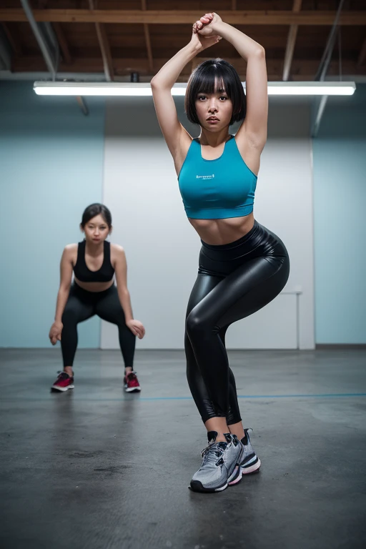(two female fitness instructors, demonstrating proper exercise form and technique)