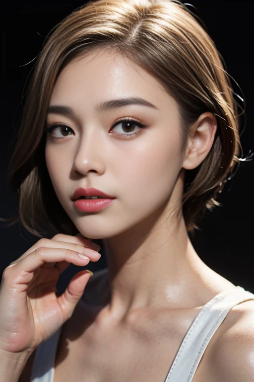 Naked, (Medium: 1.4), (Hyperreal: 1.4), (Real: 1.3), (Smooth Lighting: 1.05), (Movie Lighting Enhancement: 0.9), 32k, 1 Girl: 1.2, 17 years old Girl, Realistic Lighting, Backlighting, Facial Lighting, Ray Tracing, (Bright Light: 1.2), Anatomically Correct Proportions, (Quality Improvement: 1.4), (Top Quality Realistic Textures) Skin: 1.4), (Fine eyes), (Dark eyes), Precise face, High quality eyes, (Tired/Sleepy/Satisfied: 0.0), Japanese girl, (Improved body line atmosphere: 1.1), (Improved body beauty ) Skin texture: 1.1), (light makeup, [[pink lipstick]], eyeliner), slender body, brown hair, long hair, ((bright dark short hair) sideways), very detailed)),