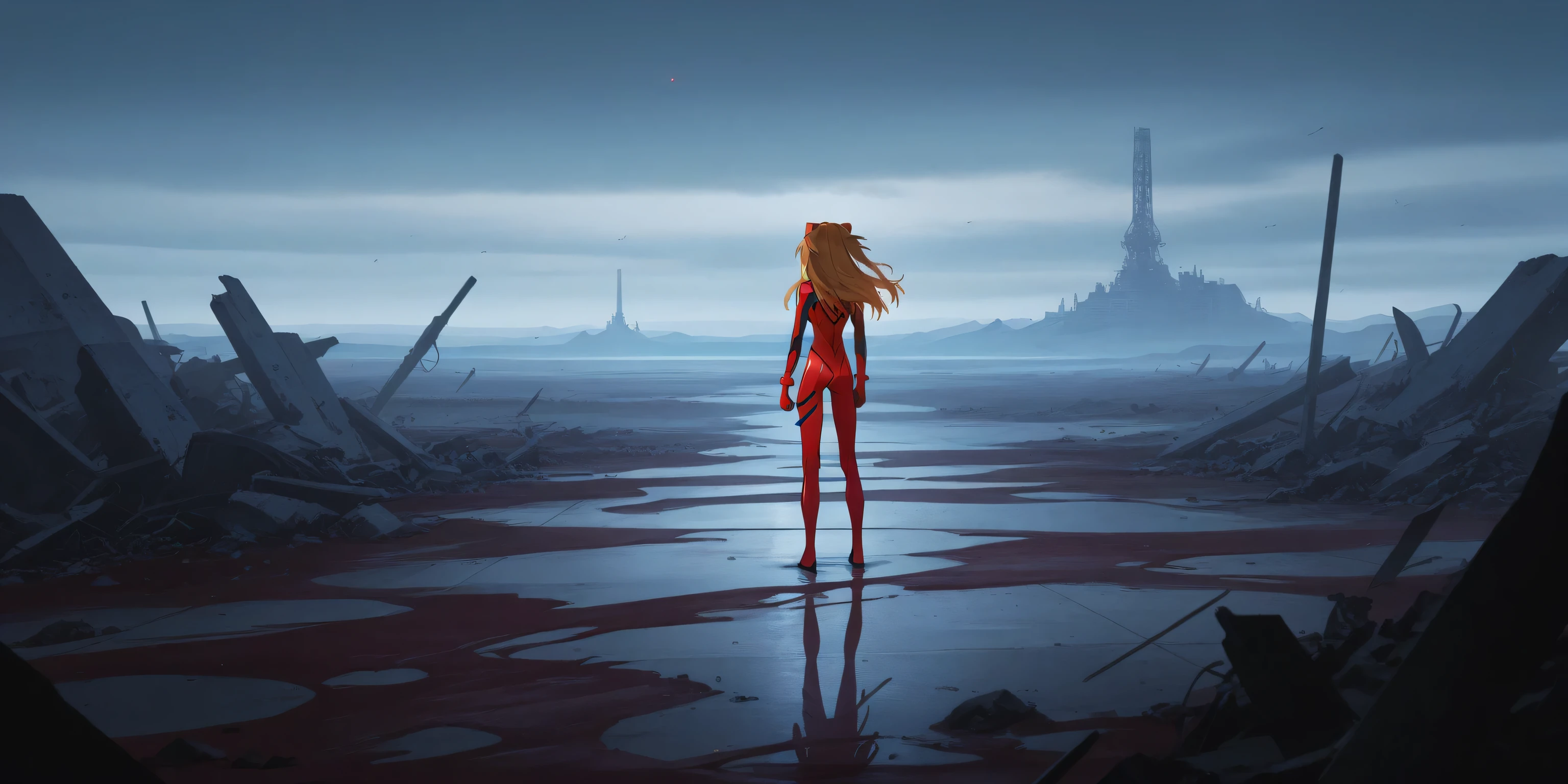 Asuka Langley Soryu in her plugsuit, standing confidently amidst a barren, desolated landscape