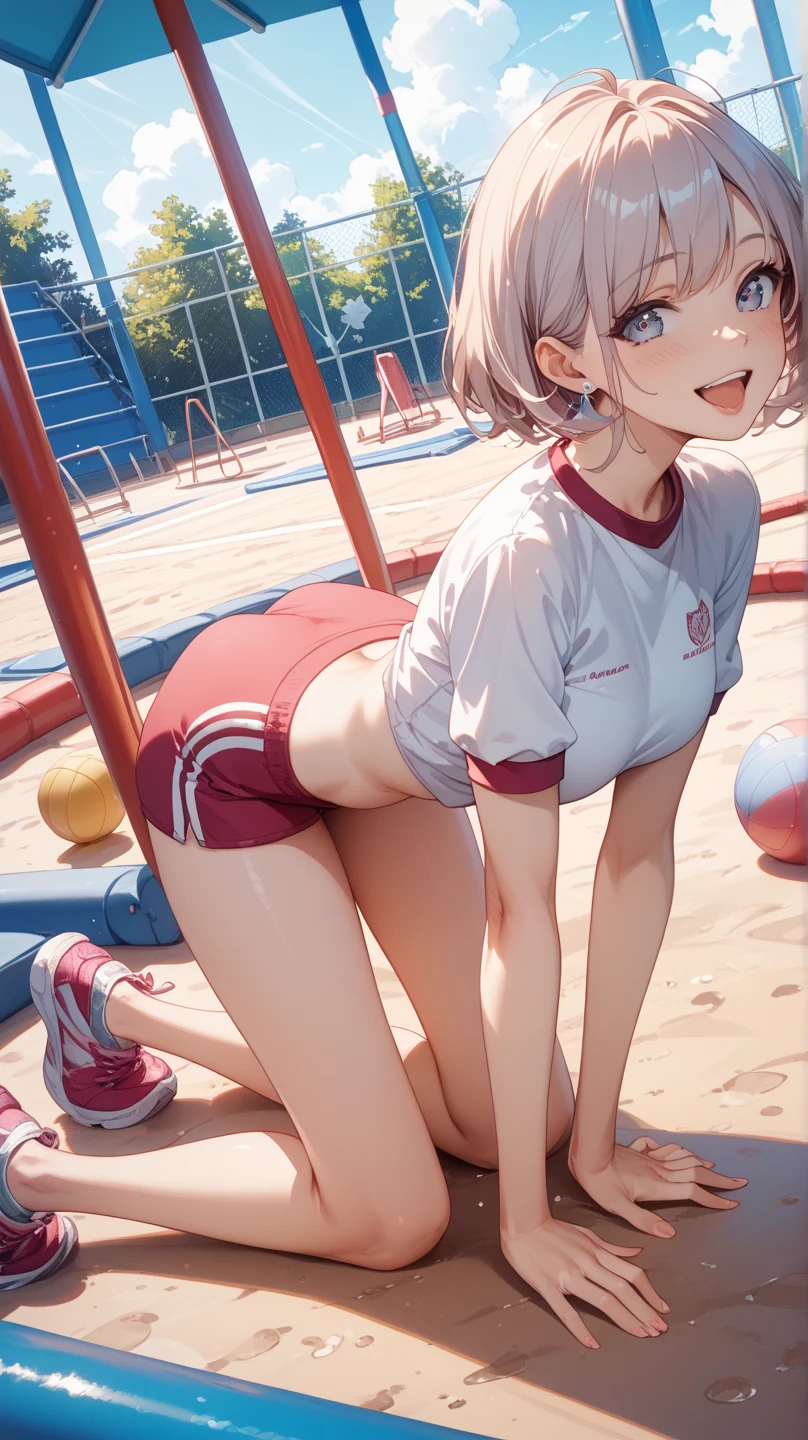 best quality, detailed girl, glaring,serious face,fighter,small breasts,pointy breasts,pink braided short hair,old glasses, (volleyball uniform), lift bra,((((no bra)))),show off spats, lift skart,(long spats),flom gym,perfect anatomy,perfect hands,(shiny skin),back views