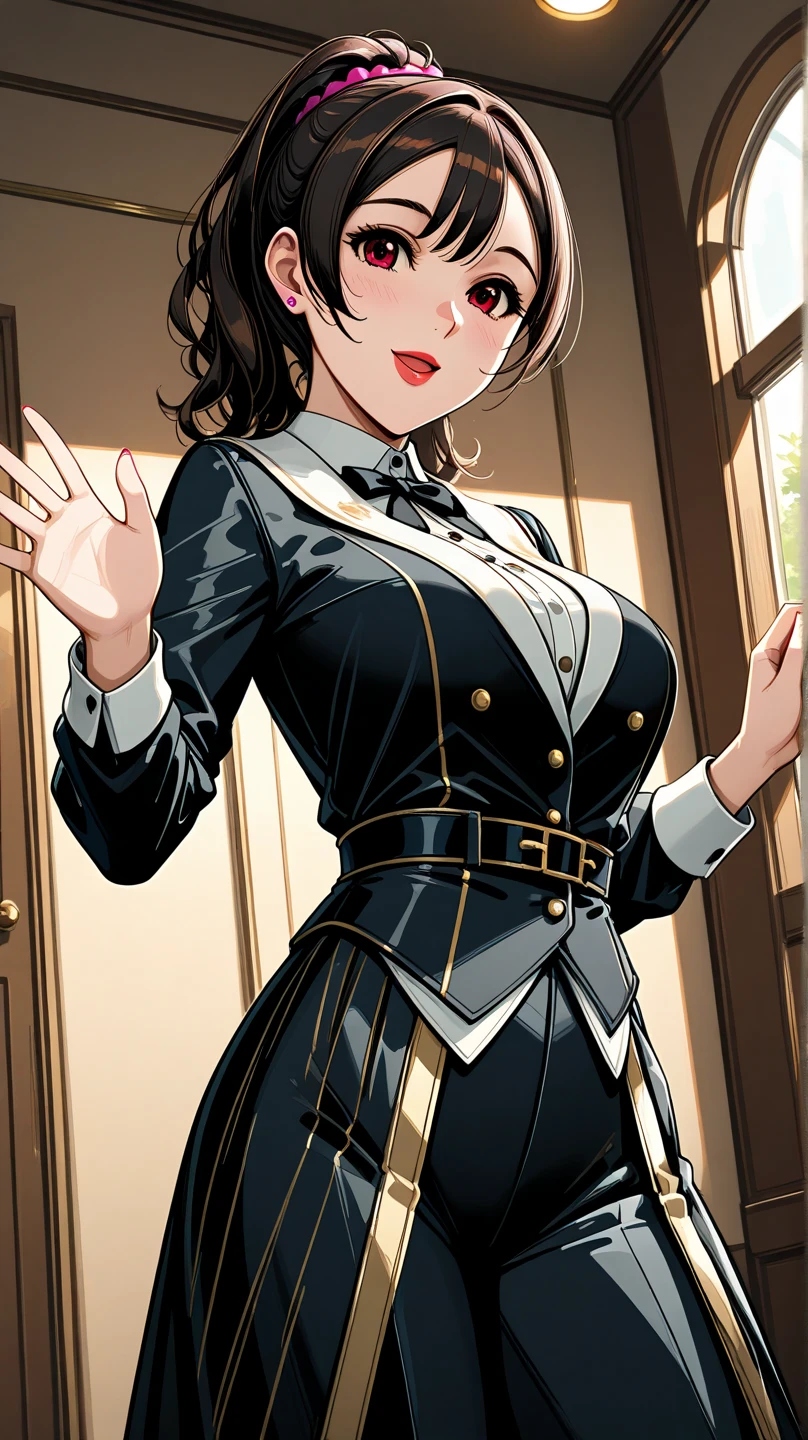 Two Girls, Couple, bangs, salute, Hands on hips, Gold earrings, Large Breasts, jewelry, military cap, (uniform), (epaulet), Jacket, Harness, Thigh straps, Black thigh-high boots, (Pencil Skirt), mini skirt, corruption, (Dark skinned women, Dark Skin:1.3), Hollow Eyes, Half-closed eyes, Wicked Smile, No students, Grin, ((Mature Woman)), Mature Woman, Married women, (Dark Theme:1.2), Dark person, Huge Saggy Tits, Skin Dentition, Chubby, Sensual, Thick thighs, Wide Hips, from the front, (chromatic aberration, Intricate details), Dynamic Angle、Grin、With a creepy smile, A smile with downturned corners,
