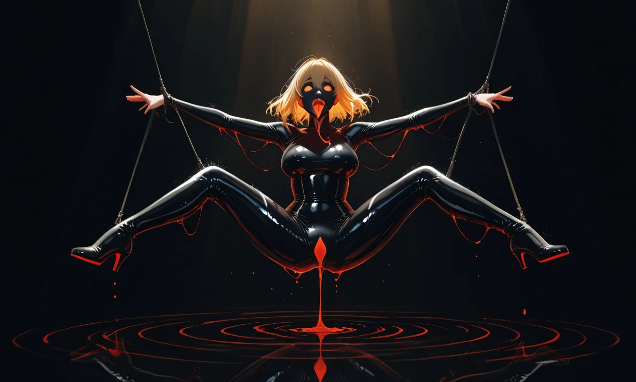 score_9, score_8_up, score_7_up, source_anime,source_anime, Spider Gwen Stacy, restrained, tangles by webs, suspended, spider webs, torn clothes, pussy dripping cum, wide hips, rounded breasts, bare feet, venom tentacles, tentacle sex, vaginal penetration, tentacle in mouth