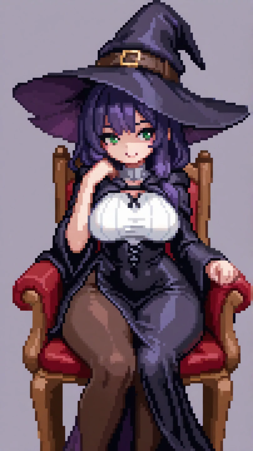 (Pixel art:1.2), 1girl,big bosom,black long dress,big hat,witch clothes,sit on the chair