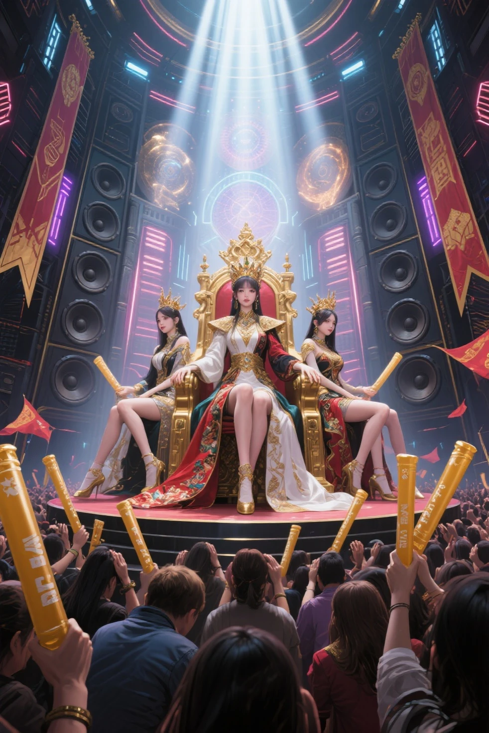 Draw an image:
- On the right is the goddess Saraswati in white and gold clothes, playing the veena.
- In the center are two apsaras in peacock costumes, performing the same dance movements.
- On the left is a man playing the tabla.
This scene takes place in the temple of Goddess Saraswati.