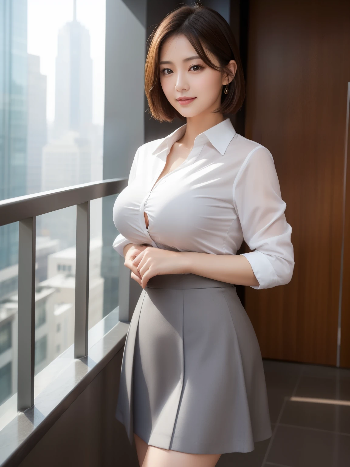 (masterpiece)、(highest quality:1.5)、(16k wallpaper:1.2)、(Photorealistic:1.2)、(Ultra-detailed:1.2)、(超A high resolution:1.2),(Surreal), (High resolution), (Very detailed), (Professional), (Realistic), (Post-processing), (Very detailed),(Sharp focus), Sharp focus:1.2,Photorealistic, Ultra-realistic, Backlight, Bright light, (Improvement of quality:1.4), Healthy thighs、Narrow waist、Big Ass、(Beautiful legs)、((Perfectly detailed five-fingered hands)),(Anatomically correct body)、((1 female:1.4))、Japanese、Asian、Realistic Skin、(Small chest:1.4),Pretty woman with perfect figure:1.4,(from the front:1.5), (Enhances the beauty of skin texture:1.1), (Beautiful fine details), (Detailed face),Beautiful realistic face,No makeup、美しいBlack Hair、Super Beauty、The best smile、Natural color lip、Even bangs、Hide eyebrows with bangs、((29-year-old woman))、Bob Hair、Hair blowing in the wind, (Black Hair, Iris, Watery eyes, Shining Eyes, Short bob cut hair, Small earrings, Lightly reddish), Hair behind the ear、No makeup、(Drooping eyes)、Drooping eye corners、Professionalのカメラマンが撮影した写真,1 girl, Cute Smile.whole body、(((One lovely woman)),Eyes shining with excitement,((A big friendly smile)),(( Small cleavage,Small cleavage)),((((Plump Cheeks)))), (((Wearing a tight white collared shirt,Tight long dark grey skirt,High heels))),((whole body))、
