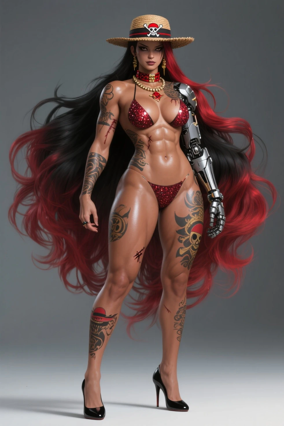 ((1girl)) full body, standing, grey skin, drow, elf, mature, purple eyes, white hair, black bikini, abs, big knockers, tatter rags, chain collar, stomach tattoo (red tattoo)