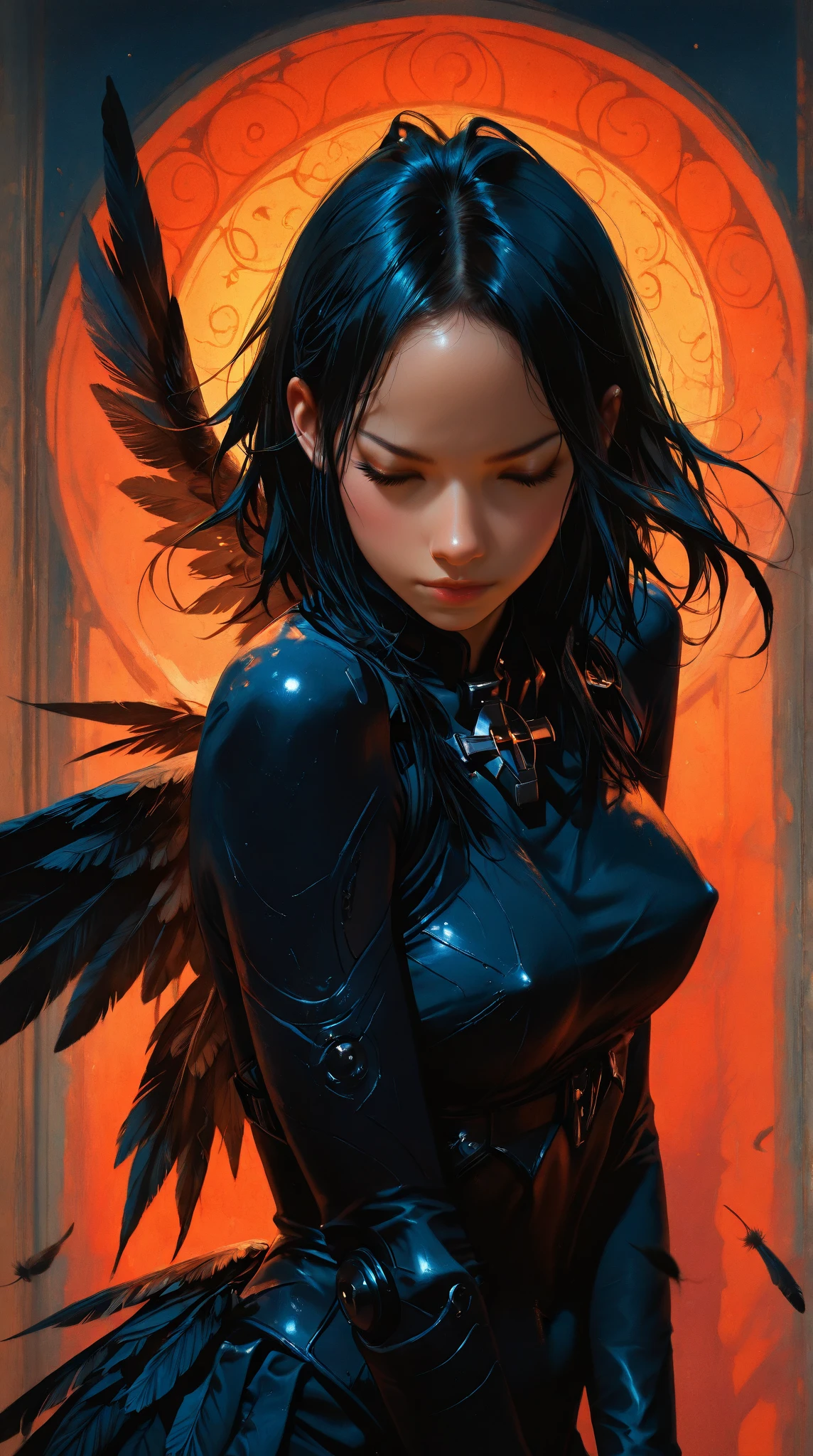 houjuu nue, asymmetrical wings,Wambu, Wambu_Draws,(art inspired by Bill Sienkiewicz). oil painting)