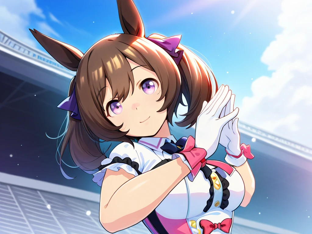 Very cute short girl, adolescent, (short height), (masterpiece, realistic, best quality:1), light, ultra detailed, 8k, intricate details, ((1girl)), solo, anime, side look at viewer, ( girl, sweat, big breasts, cute and :1.4), (cheerleader uniform, crop top) cute flower headband, cat ears, ahoge, wearing rose necklace under the collarbone, detailed face, (purple eyes, very detailed eyes), twin tails hair, side swept parted hair, ((brown hair)), elegant, brave and positive smile to viewer, school sports field background