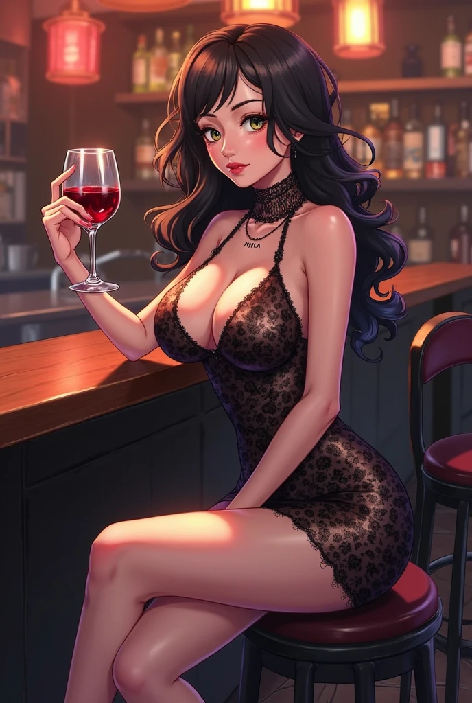 Big breaat girl, behind a purple daikiri, this drink is in a elegant cup