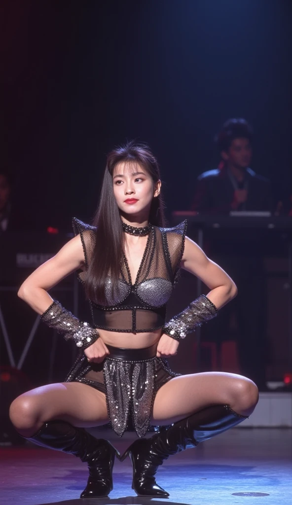 a super star,thick thighs,fleshy thighs,revealing her thighs,big natural breasts,huge round breasts,busty young girl,supermodel figure,perfect body,She is renowned for her sultry dance moves and commanding stage presence. Dressed in a cutting-edge performance outfit, possibly made of shimmering silver or black material, adorned with tiny sequins that sparkle under the lights, it clings to her figure perfectly, showcasing her enviable curves. Her hairstyle might be a chic short cut or a high ponytail, allowing for freer and smoother dance movements. Her makeup is impeccable, with bold and enchanting eye makeup, and vibrant lip color, accentuating her confident and mature persona. In sync with the beat of the music, Jennie moves across the stage effortlessly, each motion brimming with power and control. Her dance melds street style with contemporary elements, demonstrating her versatility. Her gaze is resolute and expressive, engaging in a silent dialogue with the audience, conveying the emotions of the song. Around the stage, fans wave their light sticks, creating an ocean of light, swaying along with the music, screaming in support and adoration of Jennie. The entire scene crackles with energy, as if everyone's heartbeat aligns with the rhythm, collectively crafting an unforgettable night.
