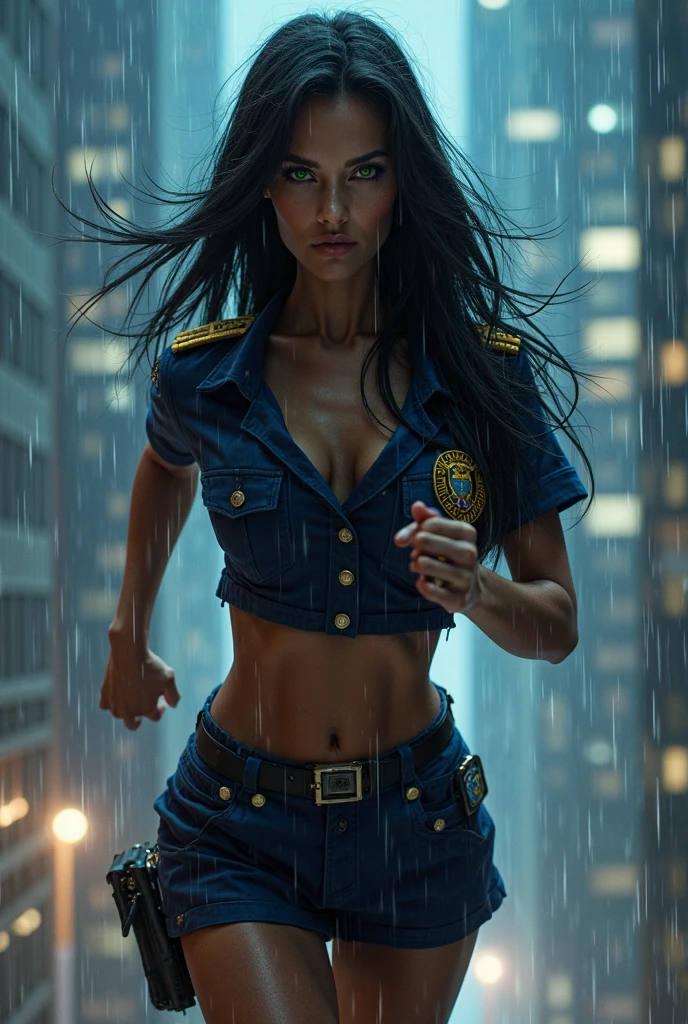 Yael Shelbia (beautiful and bold, seductive and attractive, blue eyes, pointed breasts, wet body, wet hair, wet face, wet hair, long curly black hair, open shirt, short shorts, boot, short glove, thick legs). (deserted road, dirt road, smoke, abandoned cars, newspapers, abandoned objects, bodies lying on the ground, abandoned road, apocalyptic scenery, heavy rain, rain bath, cinematic effect), (Best quality, masterpiece, depth of field, Full HD, 4K, richness of detail). Portrait style