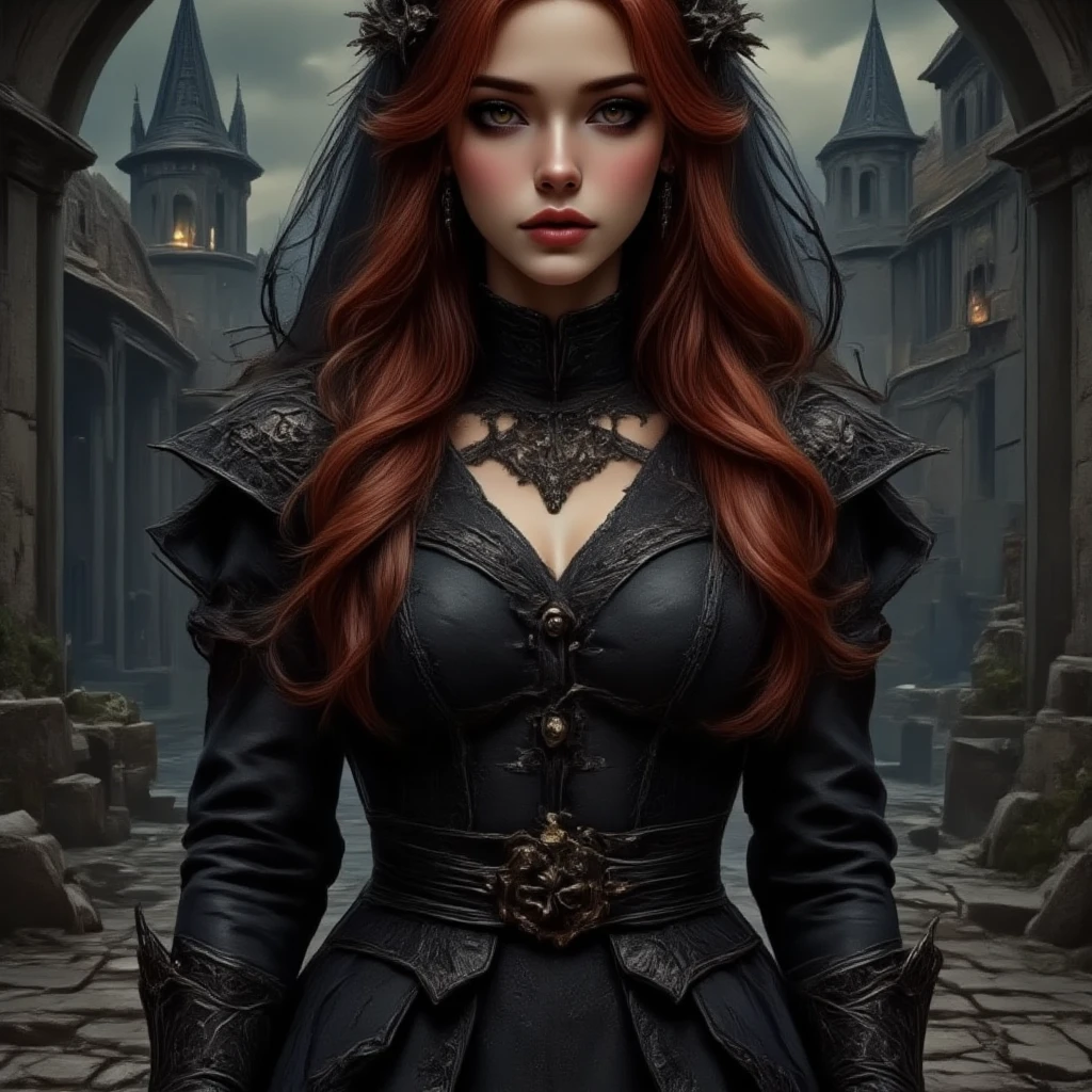 1 girl, gothic theme, night, very lighting, serious look, green eyes, sexy, long red hair, black dress, black clothes, very realistic, high details, high quality, high resolution, 8k.