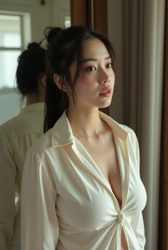 ((top-quality, 8K, masterpiece:1.3)), foco nítido, high-level image quality, hight resolution, Portrait, Solo, japanes, Middle-aged beautiful woman, 40yo, Plump:0.25, Wavy Hair, Clothes with a view of cleavage, pantiy, Wrinkles at the corners of the eyes, in tran private compartment, one knee up, Colossal tits, Seductive look, Mouth open:0.3, Looking at the viewer, Rubbing your chest, Tying hair, Onepiece, Saggy, Light makeup, Sweating:0.7