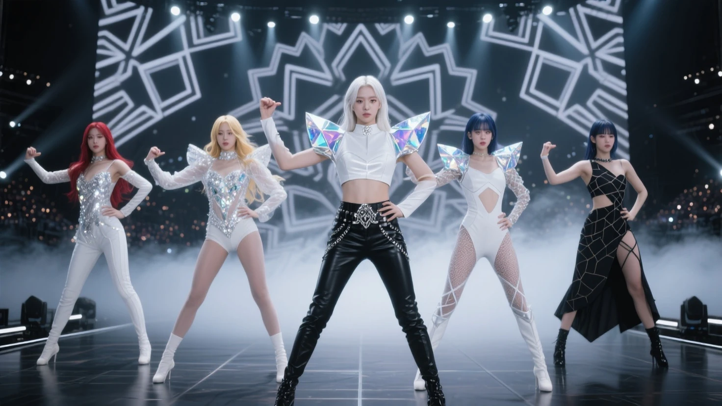 masterpiece, (highest quality, ultra-detailed, 8k UHD, best quality), (photorealistic:1.5, hyperrealistic, octane render), award-winning concert photography, 5 ethereal South Korean K-pop idols performing precise synchronized dance, (perfect symmetrical faces:1.2, luminous porcelain skin, high fashion model proportions, elegant hourglass figures:1.3), haute couture editorial aesthetic, kaleidoscopic geometric patterns, unreal engine 5 rendering, 32k resolution, microscopic details, cinematic composition with dynamic leading lines, chiaroscuro Rembrandt lighting with dramatic shadows, center silver-haired leader in crystalline white architectural crop top with prismatic shoulders and iridescent metallic accents, platinum blonde in avant-garde black leather harness with chrome Byzantine details left position, honey blonde wearing ethereal white gossamer mesh with holographic crystal elements right position, navy-haired member in deconstructed noir asymmetrical dress with tessellated geometric cutouts far left, crimson-haired in pearlescent white  with angular cyberpunk design far right, coordinated monochromatic futuristic stage ensembles, power dance formation with expressive balletic arm positions, arena concert atmosphere, constellation of spotlights creating dramatic casted shadows, colossal LED backdrop displaying fractal patterns, volumetric fog banks, ray-traced global illumination, cinematic dark academia color grading, dreamlike bokeh background with subtle sparkles, atmospheric depth, hyperrealistic subsurface skin scattering, photographed on Sony A7R IV using Zeiss 85mm GM f/1.4, golden spiral composition, theatrical stage lighting, high dynamic range contrast, professional color correction, studio perfection, trending on artstation, dramatic accent lighting, intricate fabric textures and materials, extreme detail definition, advanced photographic lighting array, rule of thirds, tilt-shift selective focus, RAW image quality, film grain overlay, lens