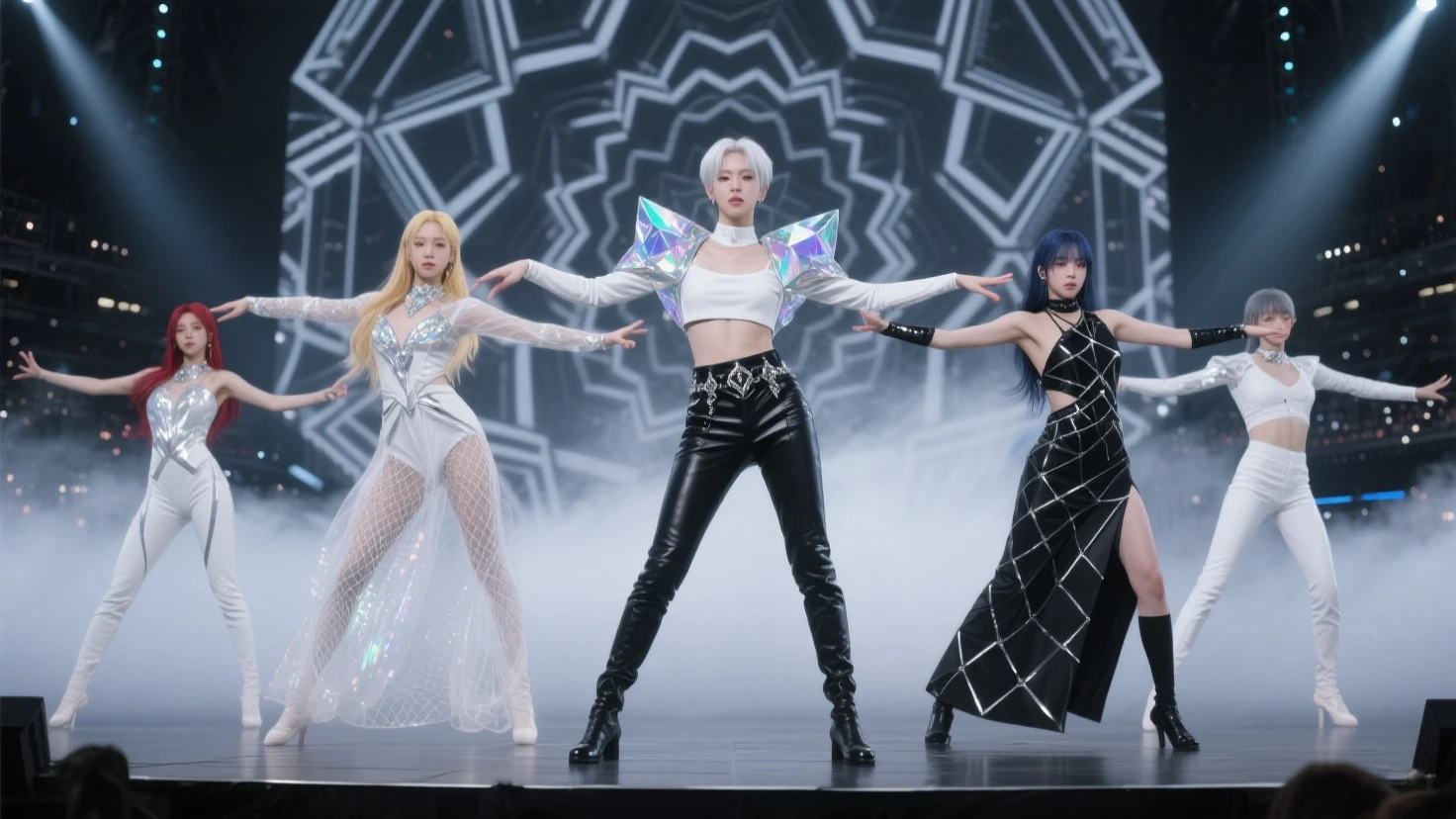 masterpiece, (highest quality, ultra-detailed, 8k UHD, best quality), (photorealistic:1.5, hyperrealistic, octane render), award-winning concert photography, 5 ethereal South Korean K-pop idols performing precise synchronized dance, (perfect symmetrical faces:1.2, luminous porcelain skin, high fashion model proportions, elegant hourglass figures:1.3), haute couture editorial aesthetic, kaleidoscopic geometric patterns, unreal engine 5 rendering, 32k resolution, microscopic details, cinematic composition with dynamic leading lines, chiaroscuro Rembrandt lighting with dramatic shadows, center silver-haired leader in crystalline white architectural crop top with prismatic shoulders and iridescent metallic accents, platinum blonde in avant-garde black leather harness with chrome Byzantine details left position, honey blonde wearing ethereal white gossamer mesh with holographic crystal elements right position, navy-haired member in deconstructed noir asymmetrical dress with tessellated geometric cutouts far left, crimson-haired in pearlescent white  with angular cyberpunk design far right, coordinated monochromatic futuristic stage ensembles, power dance formation with expressive balletic arm positions, arena concert atmosphere, constellation of spotlights creating dramatic casted shadows, colossal LED backdrop displaying fractal patterns, volumetric fog banks, ray-traced global illumination, cinematic dark academia color grading, dreamlike bokeh background with subtle sparkles, atmospheric depth, hyperrealistic subsurface skin scattering, photographed on Sony A7R IV using Zeiss 85mm GM f/1.4, golden spiral composition, theatrical stage lighting, high dynamic range contrast, professional color correction, studio perfection, trending on artstation, dramatic accent lighting, intricate fabric textures and materials, extreme detail definition, advanced photographic lighting array, rule of thirds, tilt-shift selective focus, RAW image quality, film grain overlay, lens