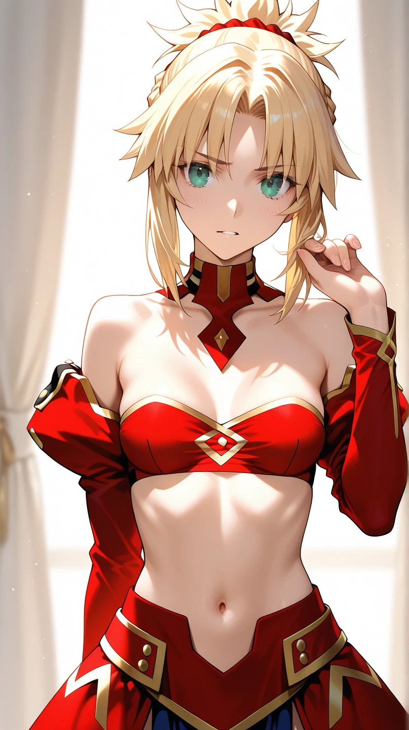 mordred in her classic outfit, green eyes, smiling, ponytail, blonde, visible navel, visible sholder, red clothes, black thights, red bra, red sleeves, few tissue, confident, 4k, beautiful, perfect lighting