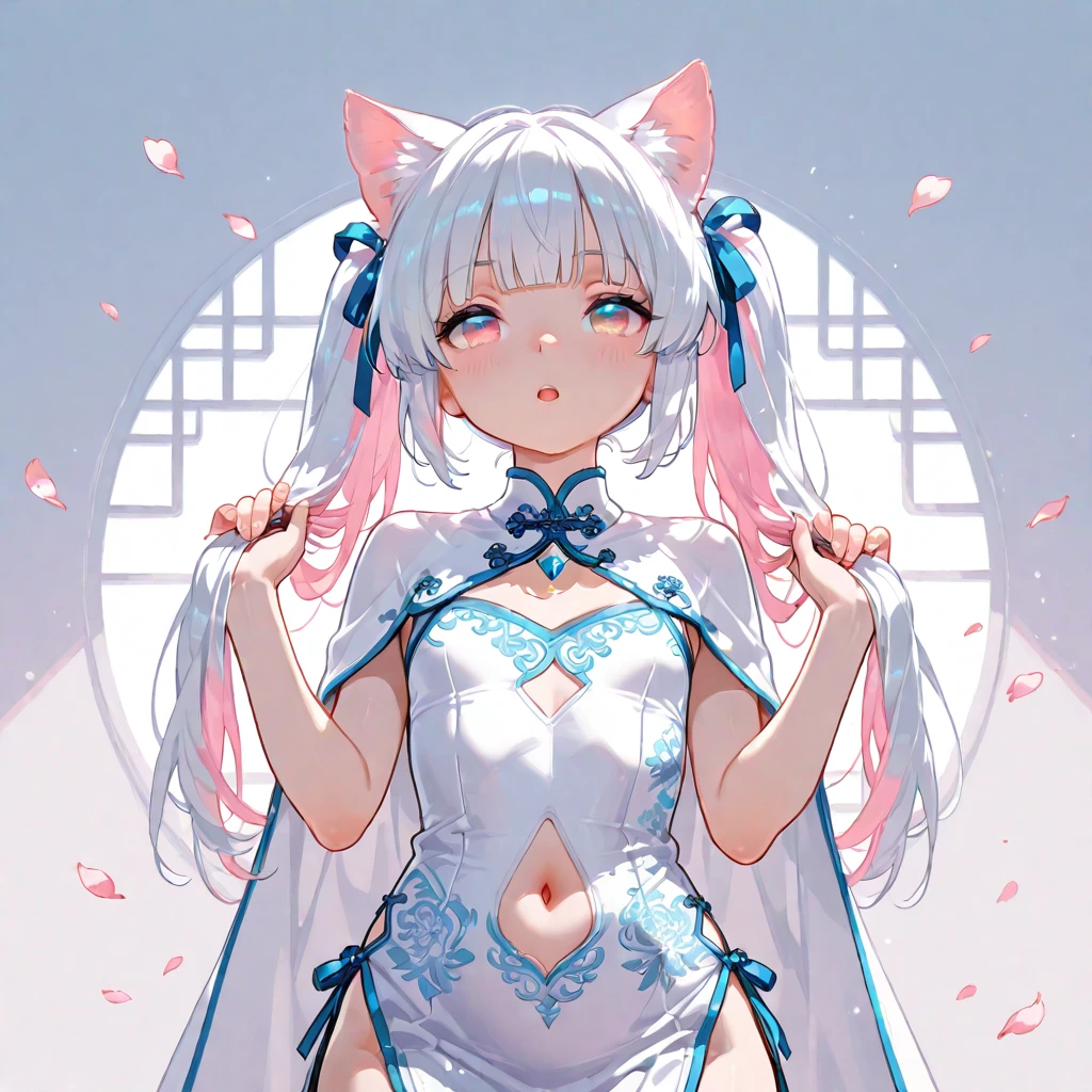 Blush, ((((White color blouse)))),  white long boots, (on top of the bed), Kneeling, D-cups, White hair, ahoge, Heart-shaped pupils, blue color eyes, (((((cat ear))))), is shy，White gloves， torogao, Reflectors, Yandere, anime big breast, Chiaroscuro, Ray tracing, shadowing, hyper HD, Masterpiece, Accurate, Anatomically correct, Textured skin, Super detail, High details, High quality, Award-Awarded, Best quality, A high resolution, 16k，(There is love around you)，((((Tempting))))