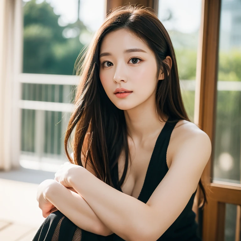 (best quality,highres),(realistic:1.37),emmanorts in a blue tube top bra,beautiful detailed eyes,beautiful detailed lips,long eyelashes, charming smile,ethereal atmosphere,peaceful surroundings,pastel color palette,subtle highlights and shadows,impressionistic style.