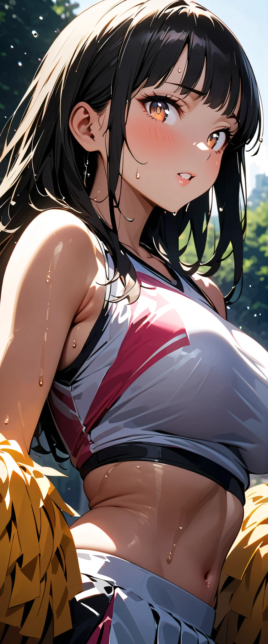((((highest quality)))), (((Ultra-precision CG 16K))), (((masterpiece))), (((Very detailed))), (((Extremely detailed))), (((Black outline:1.3, Written boundary depth:1.3 , Written soft outline))), Blur, Bokeh, Maximum clarity and sharpness,Multilayer Texture, Surface Shading, Cinematic lighting, Beautiful details sparkle ,Perfect Proportions, Limited to three woman, BREAK accurate, Anatomically correct, Highly detailed face and skin texture, drawn in detail, Highly detailed facial and skin texture, Detailed eyes, beautiful hair, Beautiful Japanese Idol face, Beautiful and beautiful eyes, Beautiful body, Beautiful breasts, Beautiful thighs, Beautiful legs, Beautiful fingers, (Beautiful views) , skinny body, ((Beautiful Skin)), ((Skin Texture)) BREAK breast enlarged, large Breasts, rocket breasts, (((perky breasts))), covered nipples:0.75 ,slender waist, (laughing, narrow eyes, blush, determined expression, hot, sweaty , Heavy breathing,) BREAK (((no-bra, wearing oversized football uniform, sportswear, low rise hot pants with slits, no-sleeve, breast is covered by outfit))) , wearing earrings, BREAK ( stick breast out),(((a girl on playground:1.3 ,looking at viewer, from side, close up face:1.3,))),