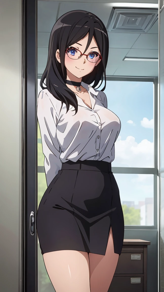 1girl, standing, black hair, OFFICE LADY, low ponytail, bangs, white shirt, necktie, stare, smile, brown eyes, black necktie, closed mouth, wide hips, cowboy shot, large breasts, outdoors, black pantaster piece: 1.0), (best_quality: 1.0), ultra high resolution, 4K, ultra detailed, photography, 8K, HDR, 

