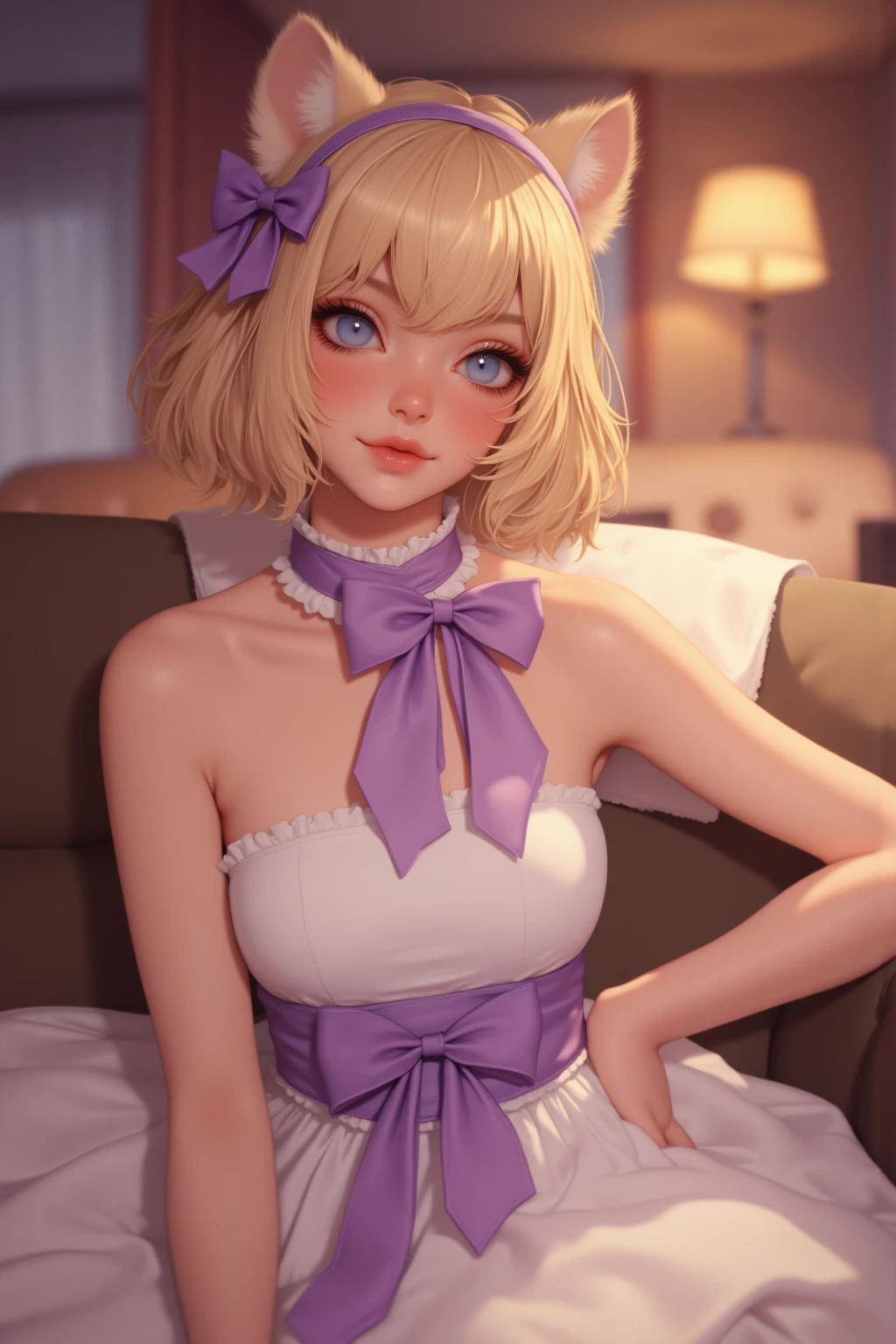 (masterpiece)(high resolution)(face)(elegant)(single 22-year old girl)(short hair)(blonde hair)(messy hair)(purple pupils)(cute)(big smile)(nose ring)(shiny lip gloss)(shiny cheeks)(purple cardigan)(shopping mall)(choker)(lace)(sweet)(love)