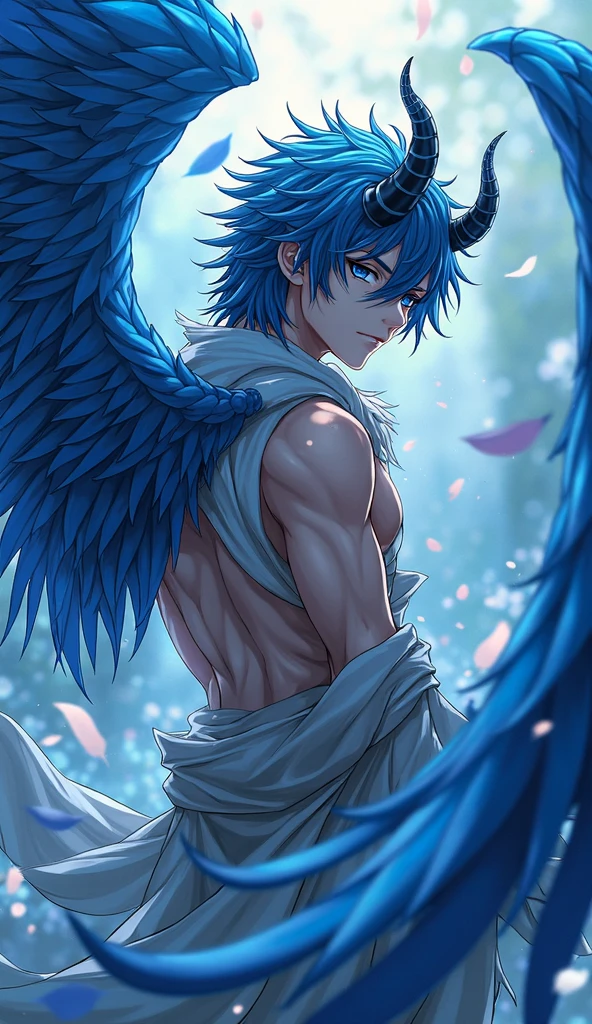 Ctie for me a boy with blue hair half black with black eyes with a serious face in a mental he has a wing and a halo and on the other half a horn and black marks on his body he is shirtless and wearing wide pants, o perosnagem e marculino, the image is anime