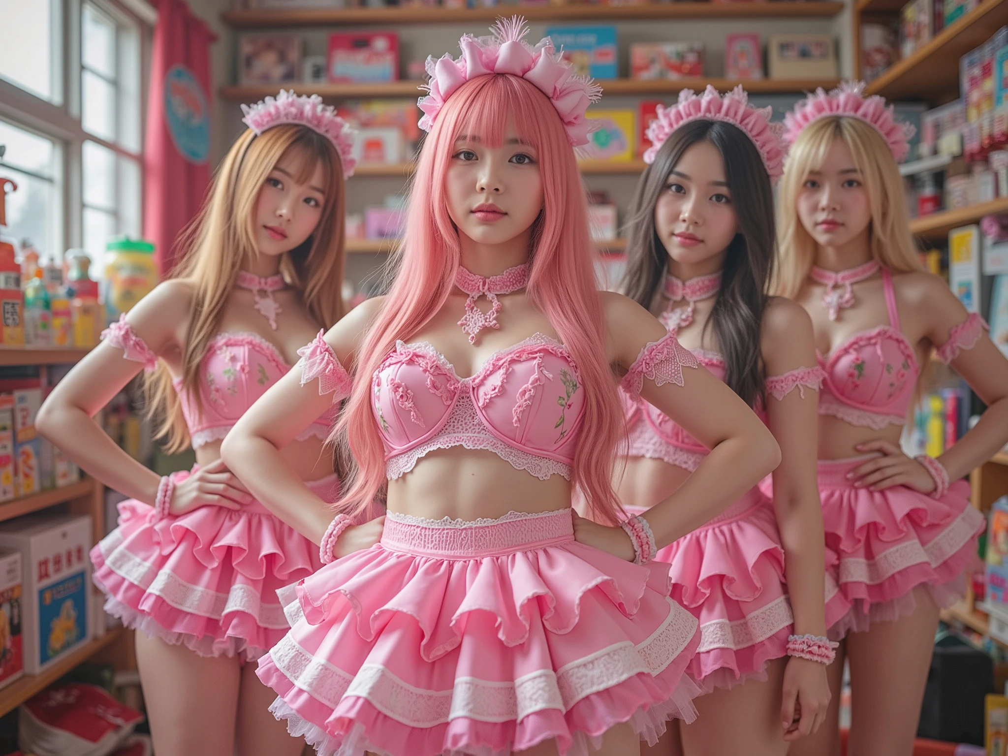 group of cute girls with big breasts wearing idol costume, rich details