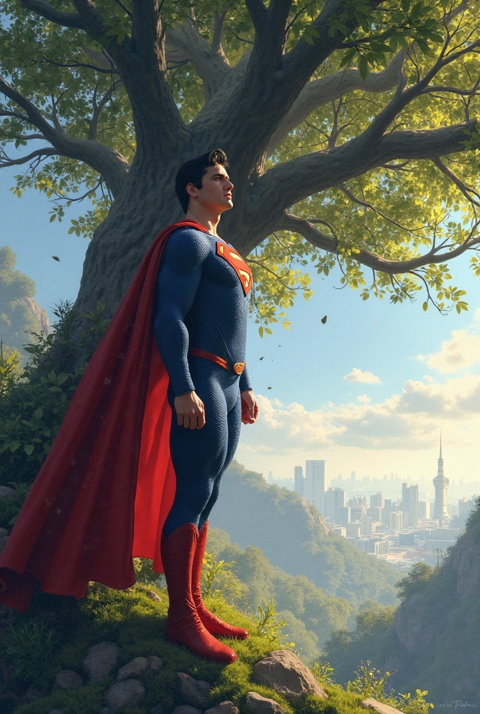 Superman, now with grey hair, posture is slightly hunched, fly slowly through a sky. his cape is tattered. Background: A quiet park with autumn leaves falling, the sun rising in the distance. Narration: "Time waits for no one... not even legends."
