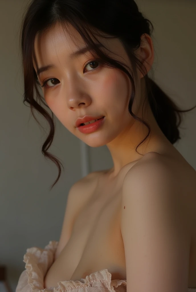 A kind and beautiful Chinese woman, delicate and sexy clavicle, charming goose egg face, double eyelid, Smart peach blossom eyes, pink lips, small upturned nose, bare shoulders, concentrated face, close up of face, ultra hd, Super detailed, full body photo, Ultra-thin transparency, The optimal proportions for pink hair are 4 fingers and 1 thumb, Cat ear