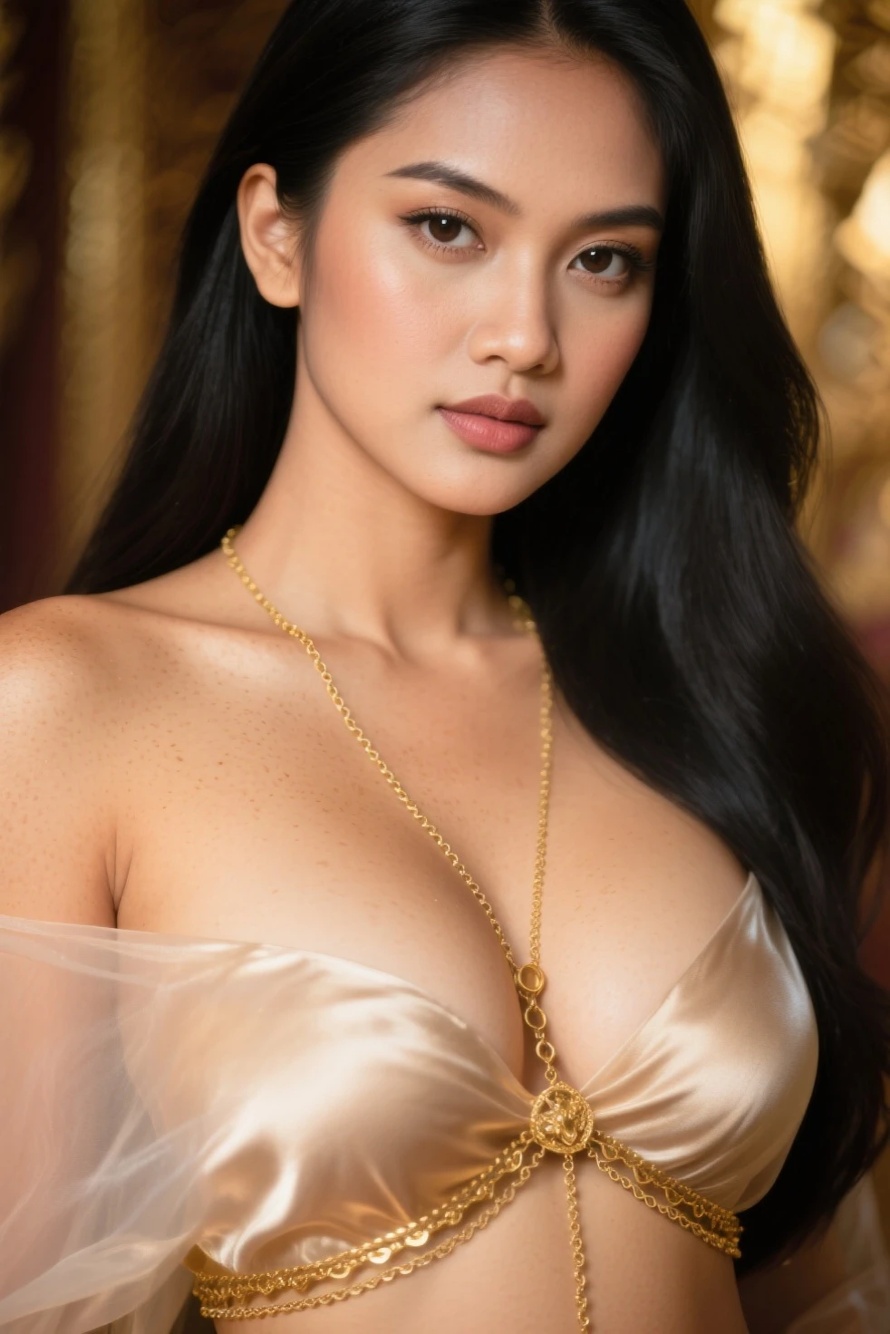 pretty girl: Asian, super cute, stunningly beautiful, gorgeous;
Age: from 18-20 years old;
hair: bronze orange color, smooth, shimmering in the sunlight, very detailed;
skin: ivory white, rosy and flawless;
pores on real leather;
eyes: pure black, (((realistic))), almond shaped, sexy, youthful, clear, super detailed, elegant, seductive, vivid, sharp makeup, ((captivating of viewers));
eyelids: delicate, delicate, perfectly beautiful;
Eyebrows: arched, sparse, sharp;
face: beautiful, pure, beautiful like a fairy, delicate makeup, lovely, perfectly balanced, beautiful in every detail, delicate lines, ((there is a scar on the cheek));
nose: pretty, lovely, high;
Cheekbones: prominent;
lips: seductive, light red lipstick, lovely lip gloss;
teeth: moon crystal;
breasts: full, deep cleavage, firm, fits bra well, protruding nipples;
bra: bright red, gold embroidery, metallic;
body: plump, attractive, full of youth;
accessories: ruby necklace, ruby earrings;
shirt: silk fabric, red, with white silk belt at the waist;
dress: tight, see-through, flattering busty figure;
Fashion style: high-end women, modern 2024, luxury;
Photo quality: non-NSFW, 8K CG HD, sharp, super beautiful graphics, professional, detailed, vibrant colors, super smooth, advanced techniques, super realistic RAW;
lighting: luxurious, front projection, complex, black and gold tones;
sunlight: sparkling, illuminating the girl's body;
Background: wonderland, colorful flower garden.
((Close-up photo of the girl's abdomen, super realistic, super detailed, highlighting the edges under the bright sunlight)).