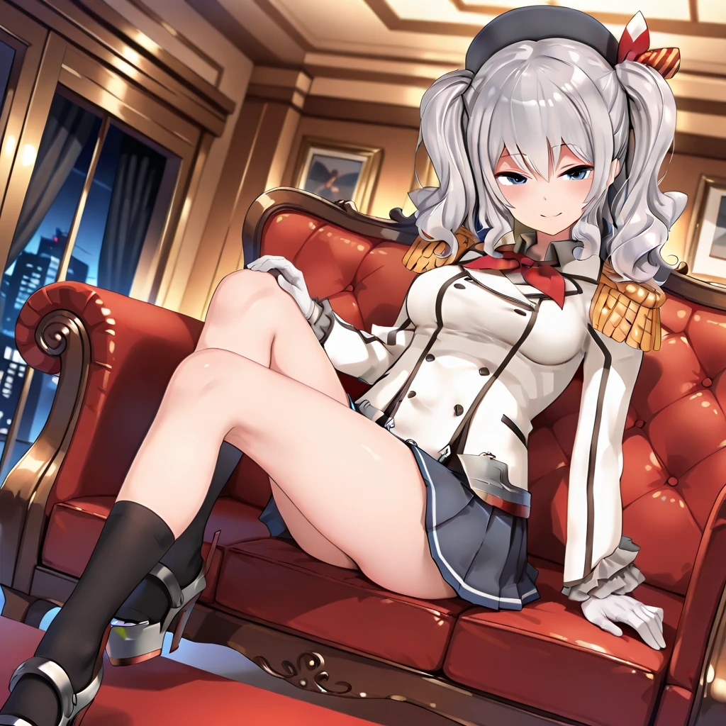 highest quality, masterpiece, High resolution, alone, 1 girl, show panties, red panties, KashimaOG, kashima \(kancolle\), beret, epaulettes, red neckerchief, frilled sleeves, long sleeves, military uniform, (white gloves) miniskirt, pleated skirt, anchor,