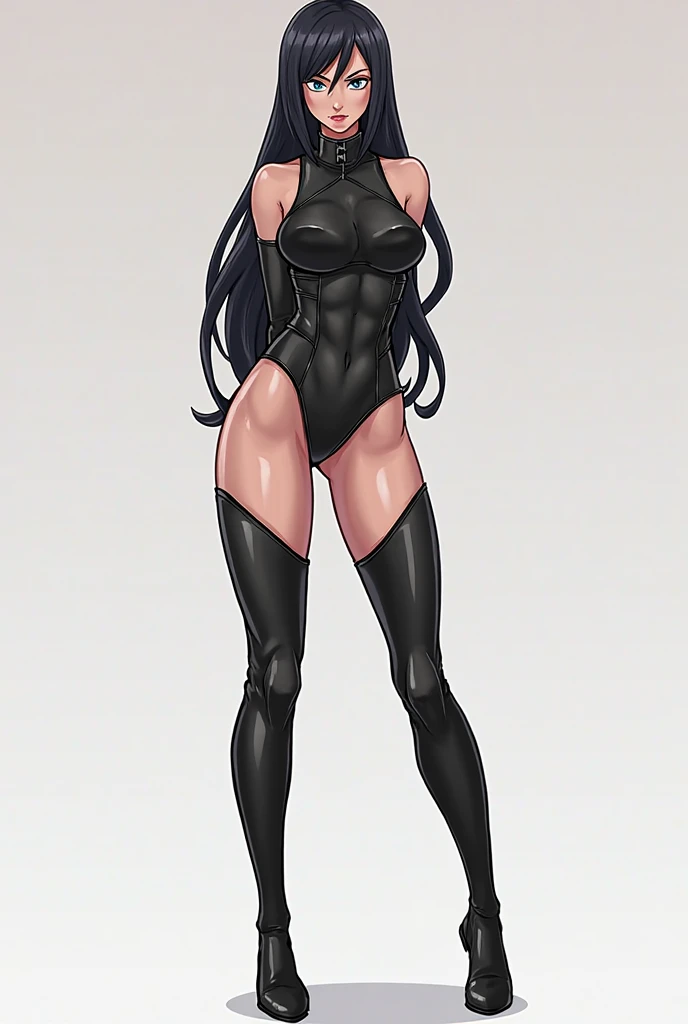 ((grey background))  pale skin black hair yellow eyes (very long hair) angry ((1 girl muscular toned body bodybuilder curvy wide hips thick thighs)) (full body solo) standing (long sleeves leotard arms over head)