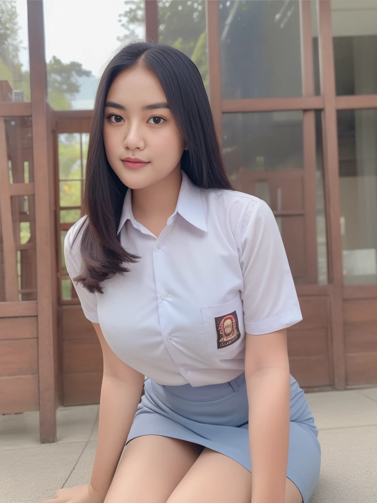 (in 8K、Raw photography、Highest Quality、realisitic、Photorealsitic、Professional Lighting、​masterpiece、extremely delicate and beautiful、Highly detailed、finely detail、ultra-detailliert、hight resolution、beautiful and detailed face、Spread your legs wide、beauty legs、Nasty smile、Textured skin、full-shot:2、Full Body Angle:1.5)、1girl in、solo:2、Colossal 、ultra gigantic 、beautiful model、beautiful face:1.5、Spread your legs wide、Crab crotch、hi-school girl、blazers、I can see the vagina、white  shirt、Navy blue checked skirt、Bery short hair、She is wearing yellow-green satin panties.、Wearing striped knee socks、shoes、Schools、A lot of people are watching