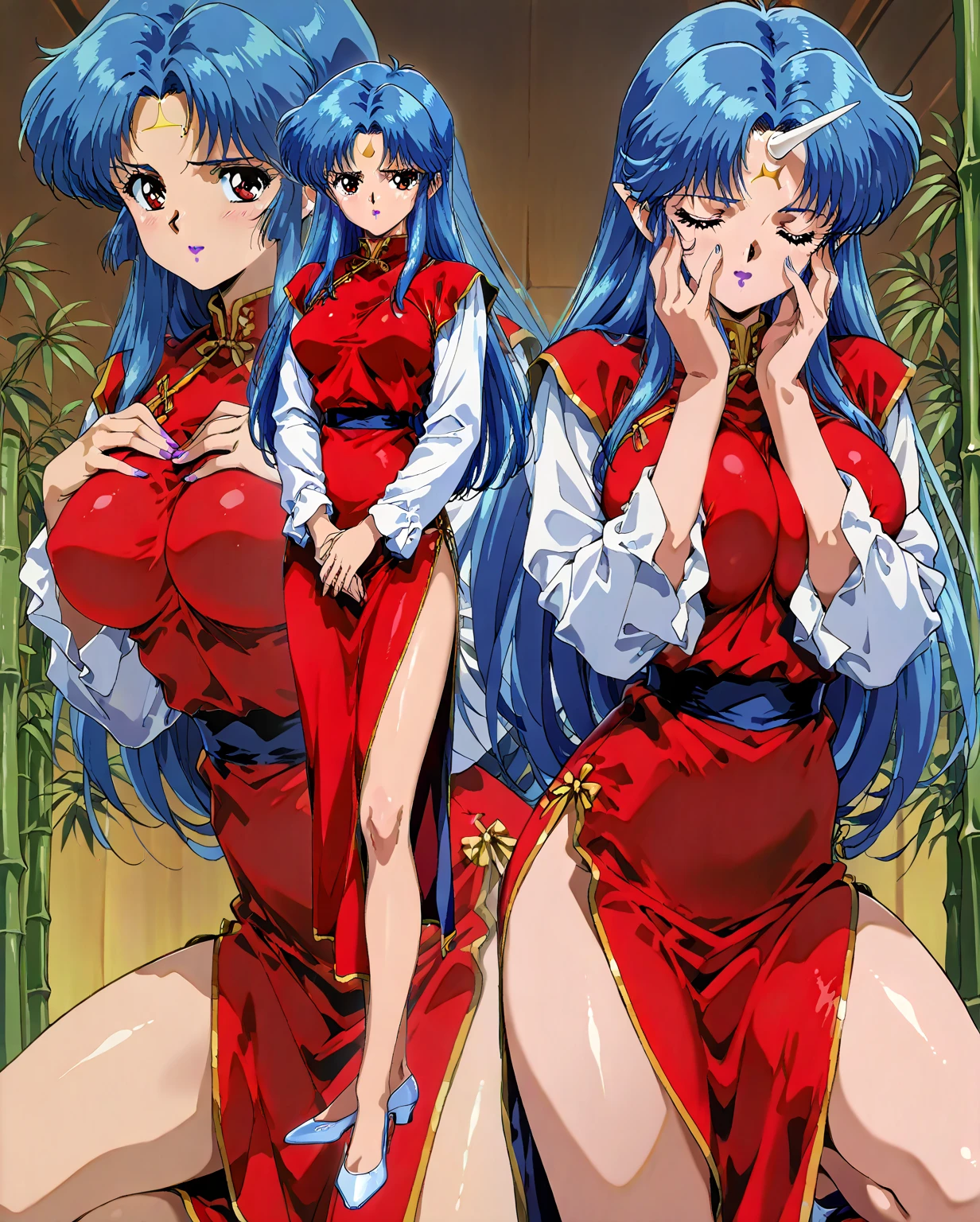 Beautiful 15 year old Chinese Kung Fu girl princess with long blue hair Gorgeous embroidery, Ultra glossy, She is wearing shiny red long sleeve floral pajamas.... She is crucified in front of her lover. Intense foreplay Fluid spurting from nipples