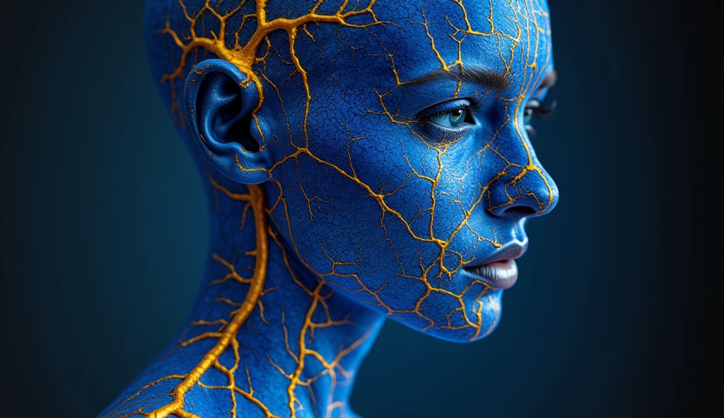 side view xray neon (kintsugi face:1.5) (torn paper body:1.5) chiaroscuro woman (translucent glowing brain:1.5), (grey-blue eyes:1.4), vibrant, candid cinema, 16mm, remarkable color, ultra realistic, shot with cinematic camera, (neon fractal strands orange-blue glow:1.5), subsurface scattering, shadows, red sidelight, short neck, (long flowing hair:1.5)
