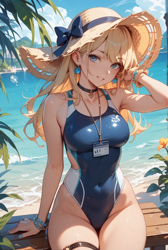 (Masterpiece, Best Quality:1.2), Cowboy shot,sunny beach, 1girl,blonde hair, ponytail, sun hat, smile, closed mouth, looking a viewer, crossed arms,blue bikini, Jewelry, necklace, small-breasts, slim thighs, Spacer frame, steam, glistering slap, Wet, the sweat,