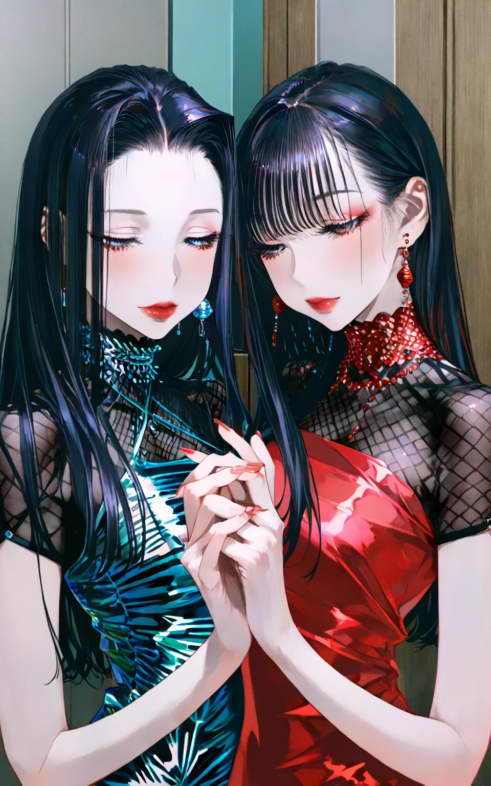 bijinga,
tsuruta ichiro, 2girls, (super long hair:1.4), black hair, smile, blue|grey|green|red eyes, collarbone, lips, makeup, lipstick, red lips, v-neck, pastel color, choker, earring, sexy, nsfw, illustration,
<lora:ichirofull:0.9>, <lora:NijiExpressV2:0.5>, <lora:shuimobysimV3:0.2>