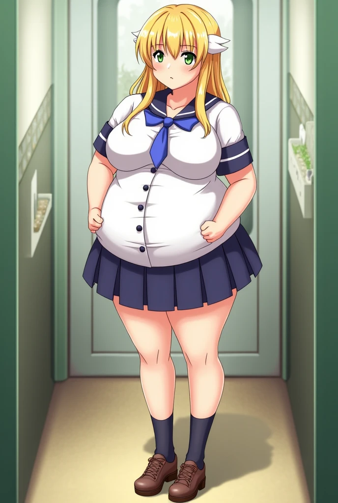 masterpiece, best quality, ultra-detailed, illustration, epic lighting, cinematic composition, isometric, 1girl, red eyes, long blonde hair, red_bra, red_shirt_skirt, standing in the doorway, leans on the doorway, won't fit through the doorwaylarge_chest, close to the viewer, looking at the viewer, fat belly, fat body, big fat thighs, fat rounded hips, massive belly, fattening girl, fatty, (big belly:1.2), (massive belly:1.2) won't fit through the doorway, she stuck in the doorway, shy tryied crawl through, embarrassed