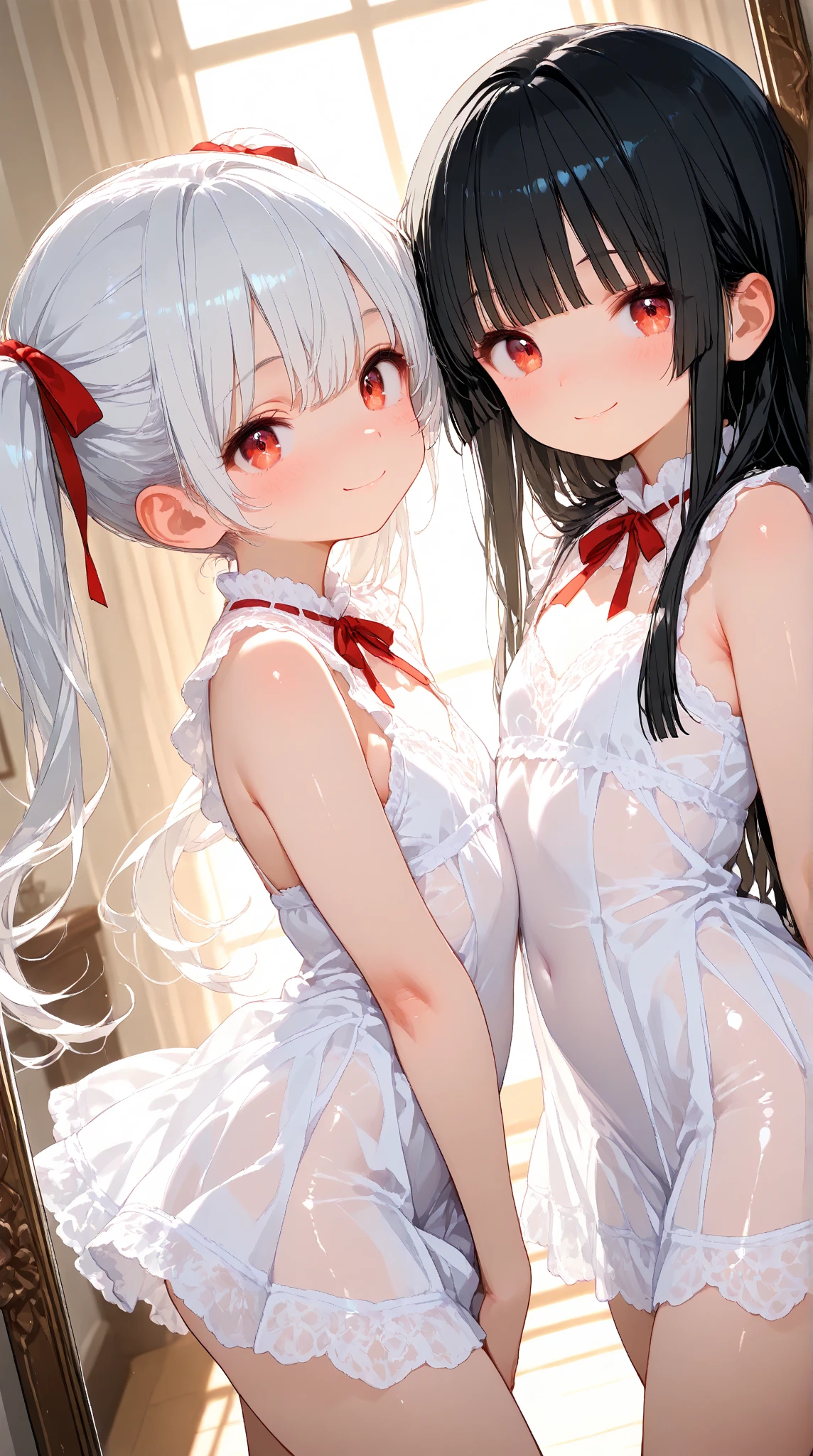 realistically, 2 girls, twin tails, 1 ponytail, brown eyes, glowing eyes, white short skirt, Blush, daytime, Wet from the rain, see through, sleeveless shirt, nipples, Knee hug, pussy, crotch, naked,