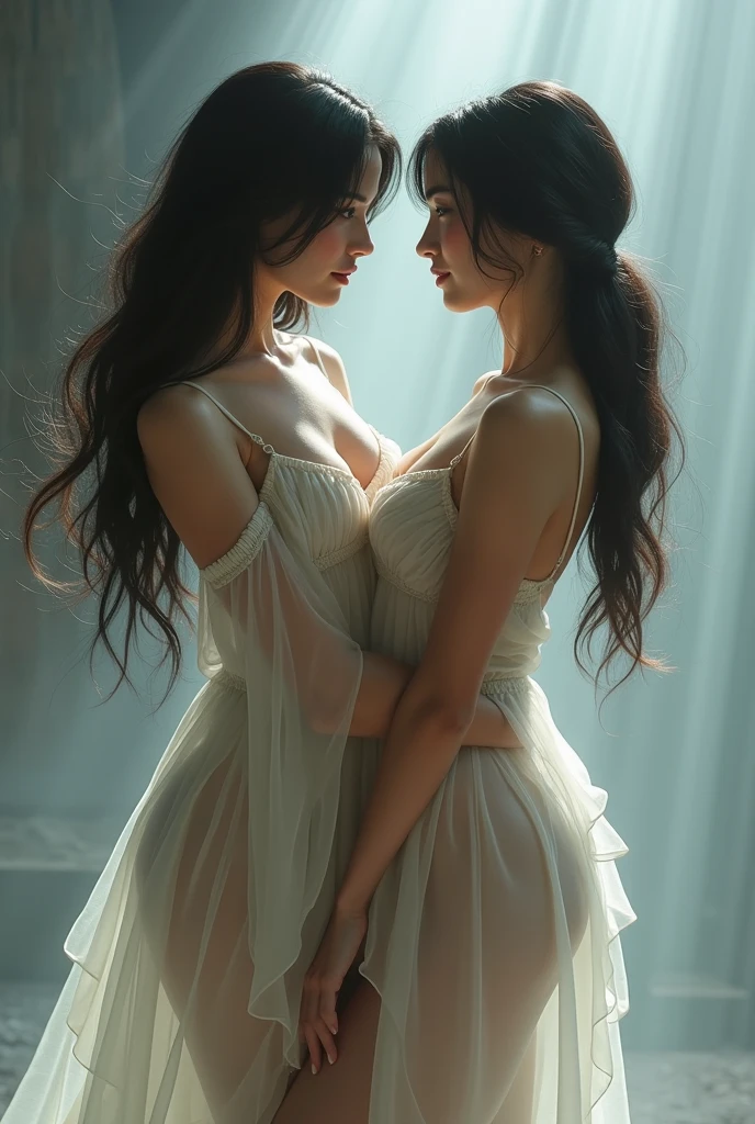 two girl kissing, see her ass,(bright lighting,romantic setting),dreamy background,bondage,dark hair, mesmerizing gaze, , soft skin, alluring beauty, artistic portrait, high-quality image, vibrant colors,translucent silk wedding dress, mosquito net,