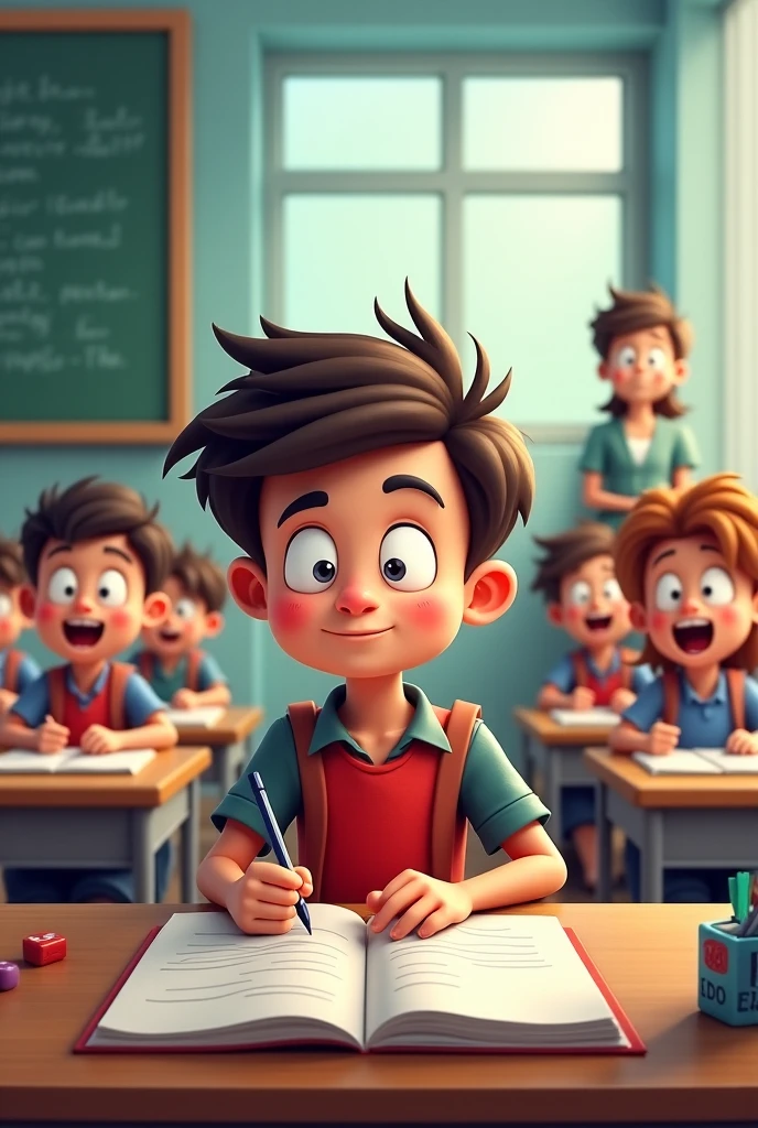 A cartoonist AI image of a male child with the background of school students
