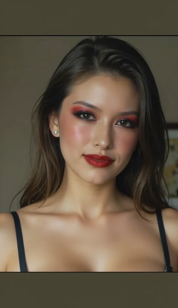 instagram photo, closeup face photo of 23 y.o Chloe in kebaya, Red Lipstick, sensual Lipstick, Sensational Make Up, cleavage, pale skin, (smile:0.4), hard shadows, Red G-STRING, bright lighting