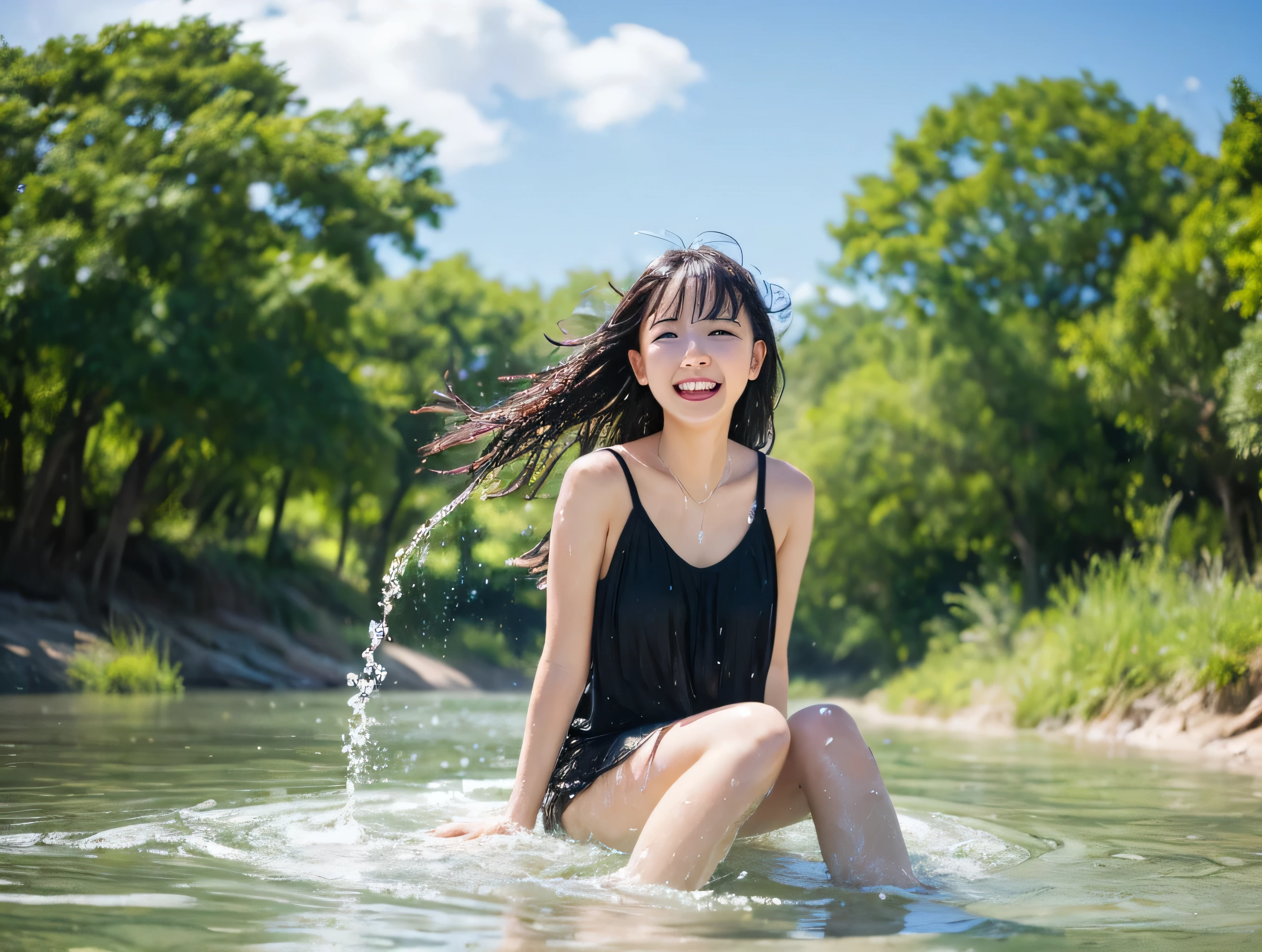 Girl playing with water in the river, river rapids, waterfall, Sitting on a large stone, School Swimsuit, barefoot, Splashing with your feet, Black Hair, smile, cute, blue sky, One person