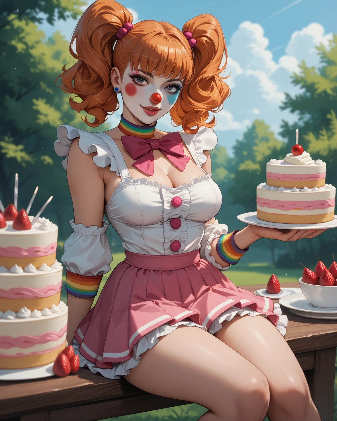 cinematic lighting, Ueno Park, 1 girl, full body, smiling beautiful girl holding 100 balloons, (blond hair, twin tails) (midle breasts: 1.3, cleavage), exposed, colorful Clown outfit, super detailed face, detailed eyes, double eyelids, eye catch, long eyelashes, front angle, fill light is reflected light from reflex plate, 85 mm, background blur.