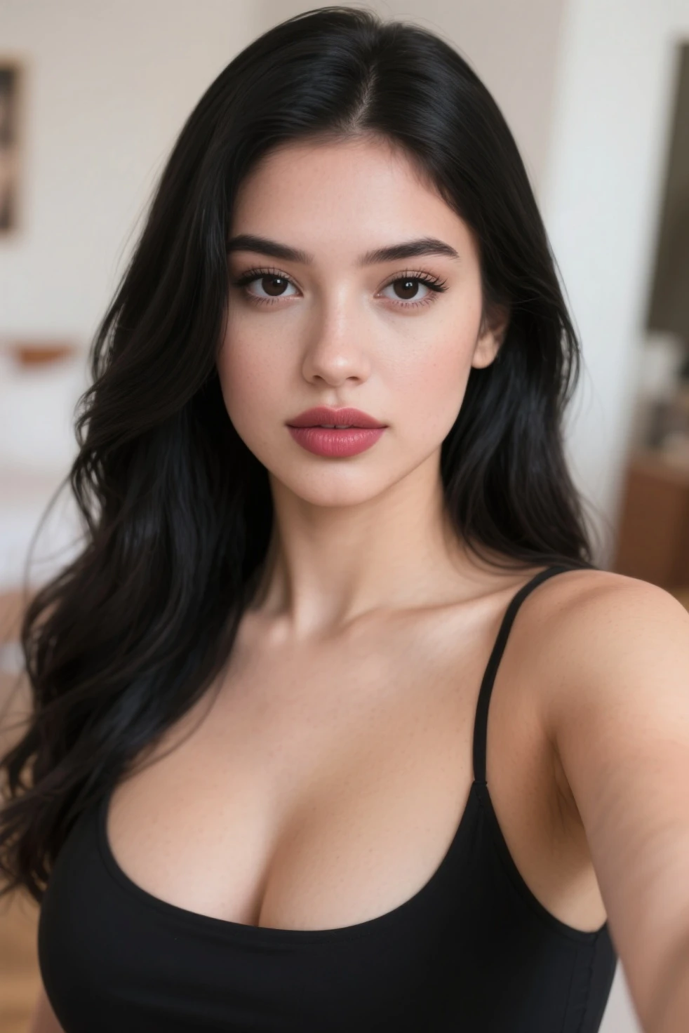 (Mejor calidad, 8K, high resolution, Fotorrealista:2.0), (Una chica:2.0), Bright lighting,raza negra,(mujer mira al espectador) 、(cabello largo 、piel brillante、hermosa chica、Chica con ojos grandes:1.5)、(pechos enormes、Thin waist line:1.5) , ojos bonitos, ojos brillantes, hermosa boca, Hermosos labios, mujer lasciva、(color de pelaje negro:1.5)、 Mujer joven, de cuerpo completo, posando sensualmente, con cabello oscuro y flequillo, in black lingerie, de pie en una ventana con cortinas. Fondo urbano con edificios y balcones. Confident expression and direct gaze, soft lighting.